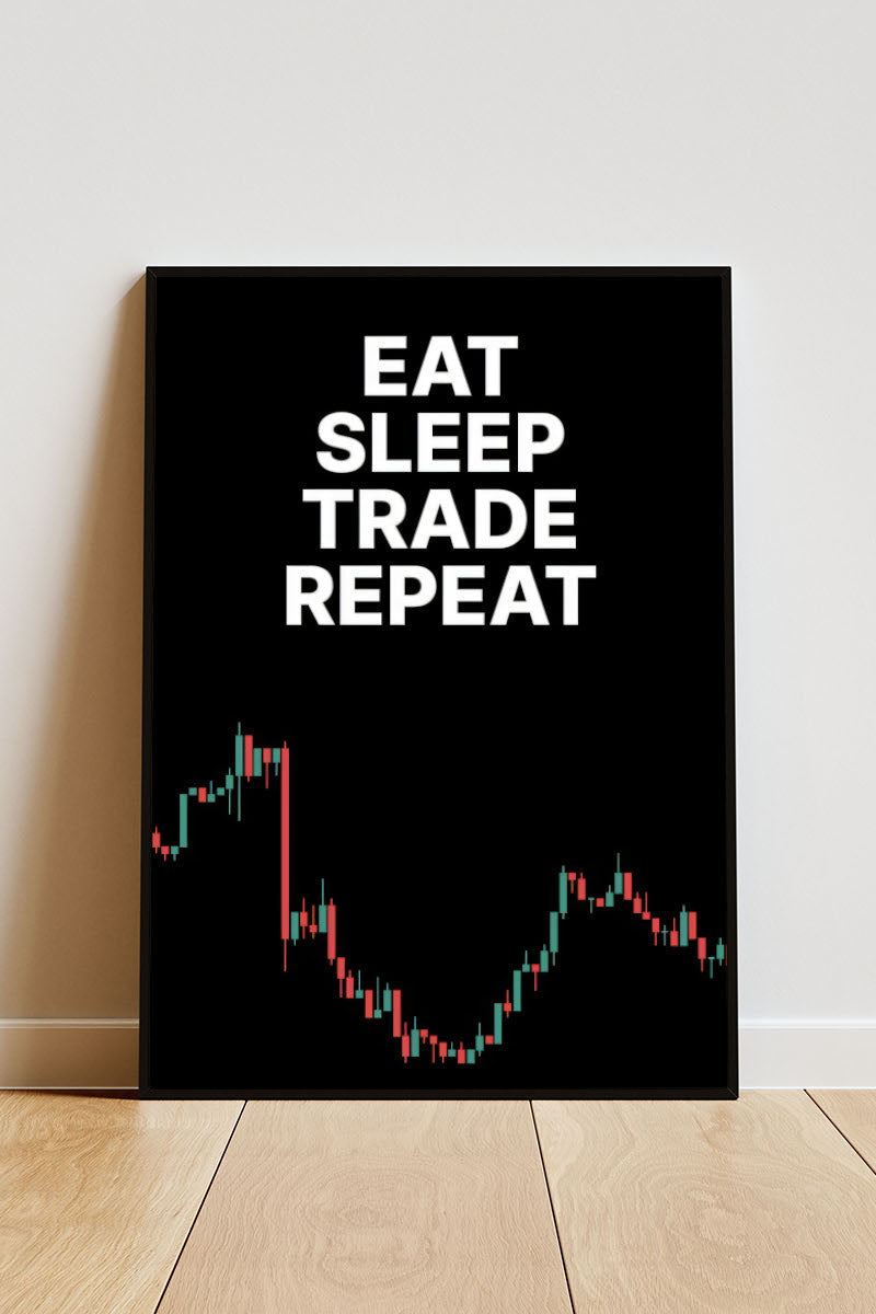 Close-up Poster mit Rahmen Trading motivation Aktienkurs poster, Börsenposter mit Aktienkurs, weiß schwarz rot grün