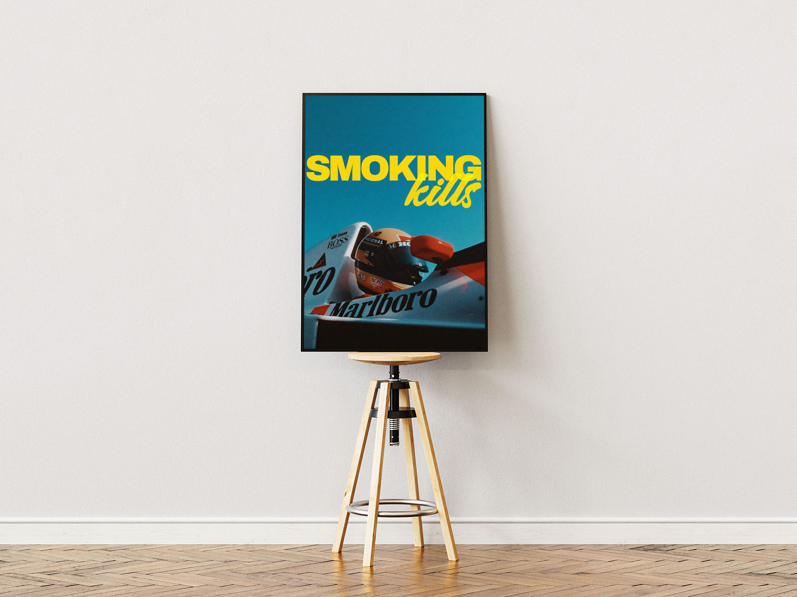 Poster ständer Poster mit Rahmen Vintage Formel 1 Auto mit Senna und blauen Himmel und spruch smoking kills in gelb blau rot weiß schwarz