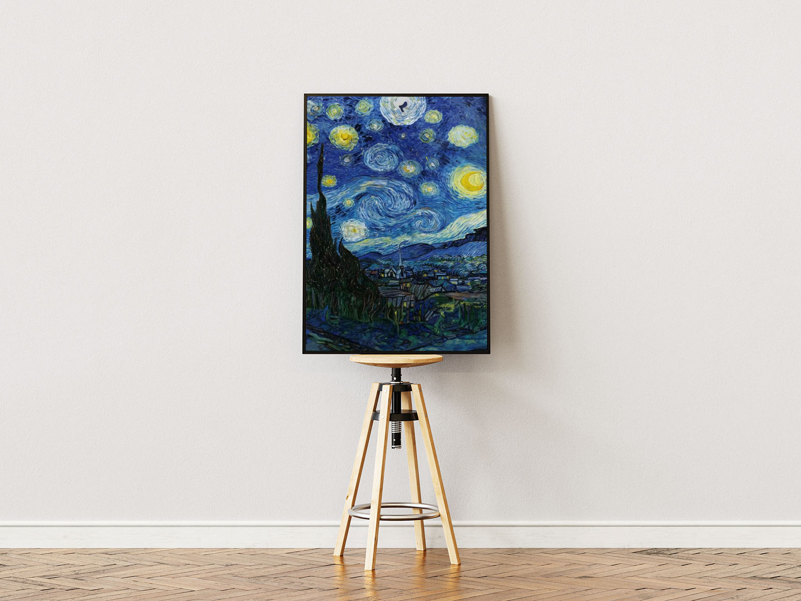 Poster ständer  Poster mit Rahmen gezeichnetes gemaltes Gemälde Van Gogh Sternen und stadt und Natru in blau, gelb, grün, beige