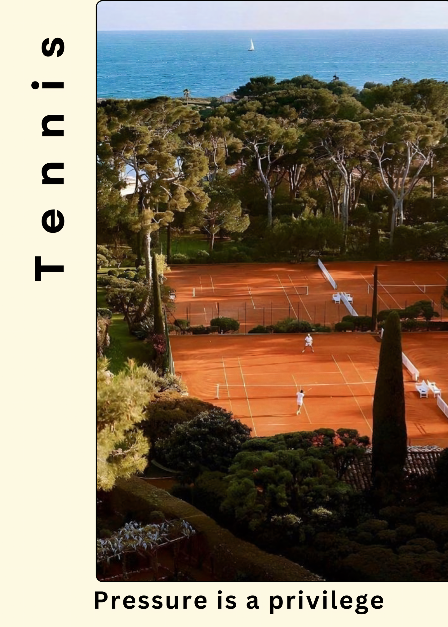 Nahaufnahme Poster mit Rahmen Tennisplatz mit meer im hintergrund und Tennisspieler mit überschrift