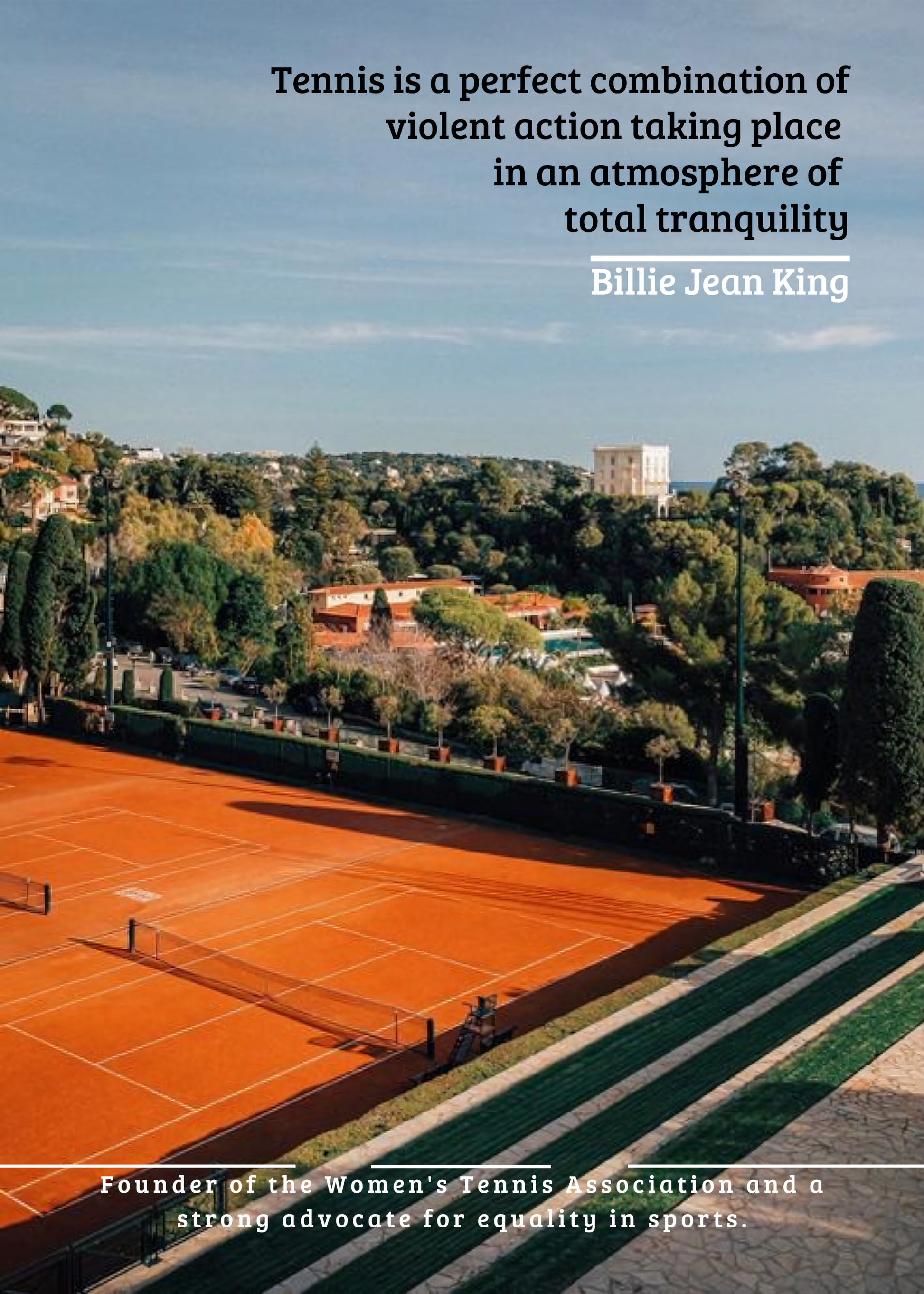 Nahaufnahme Poster mit Rahmen eine landschaft mit Orangen Tennisplatz und blauen Himmle in grün mit schwarzer schrift