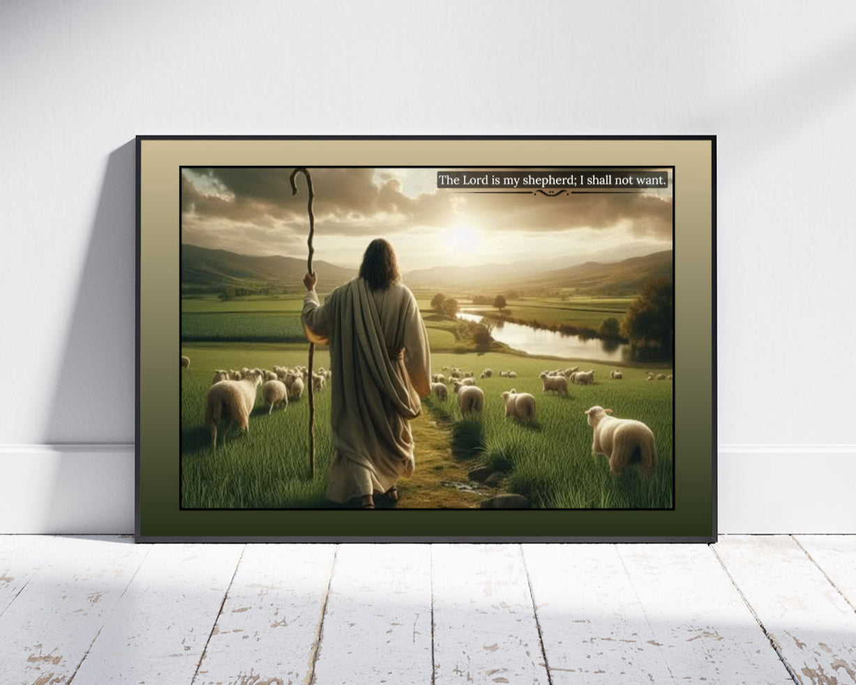 Close-up Poster mit Rahmen von Jesus als Hirte mit grün beiger umrandung, große Schafherde mit Landschaft und Fluss und Sonne in beige grün weiß