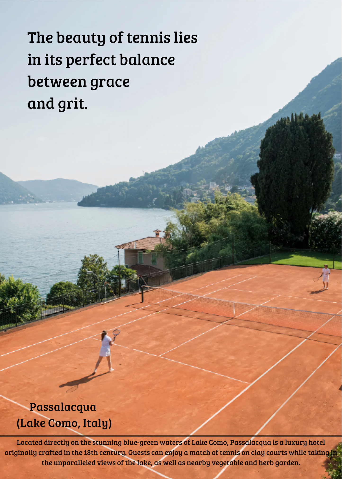 Nahaufnahme Poster mit Rahmen Tennis Platz in Landschaft mit Bergen See und Tennisspieler mit motivierenten Zitat und Schrift in Orange blau grün