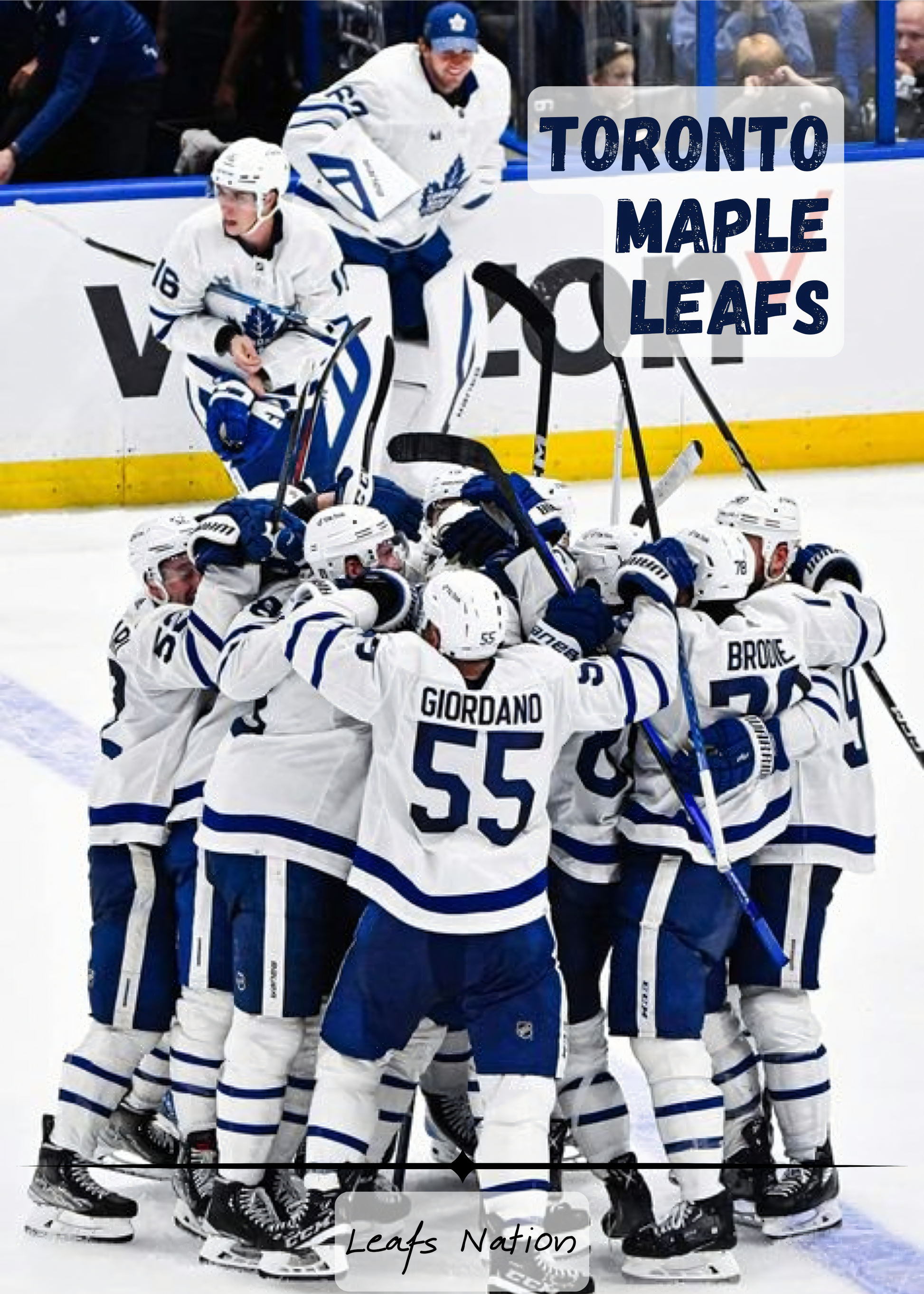 Nahaufnahme  Poster mit Rahmen Eishockeymannschaft im Eishockeystadium auf Eishockeyplatz mit Überschrift in blau und weiß