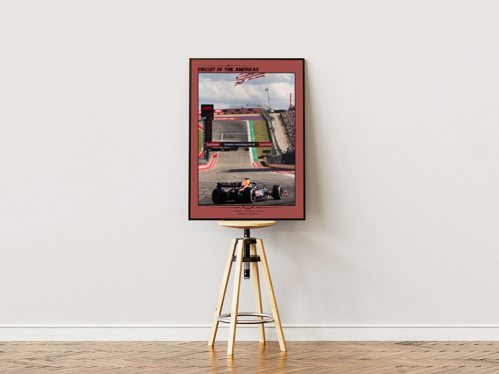 Poster ständer Poster mit Rahmen Formel 1 Auto auf Rennstrecke mit Landschaft und Rennstrecke im Hintergrund und Beschriftung und Überschrift und umrandung in rot, rot beige blau schwarz grau