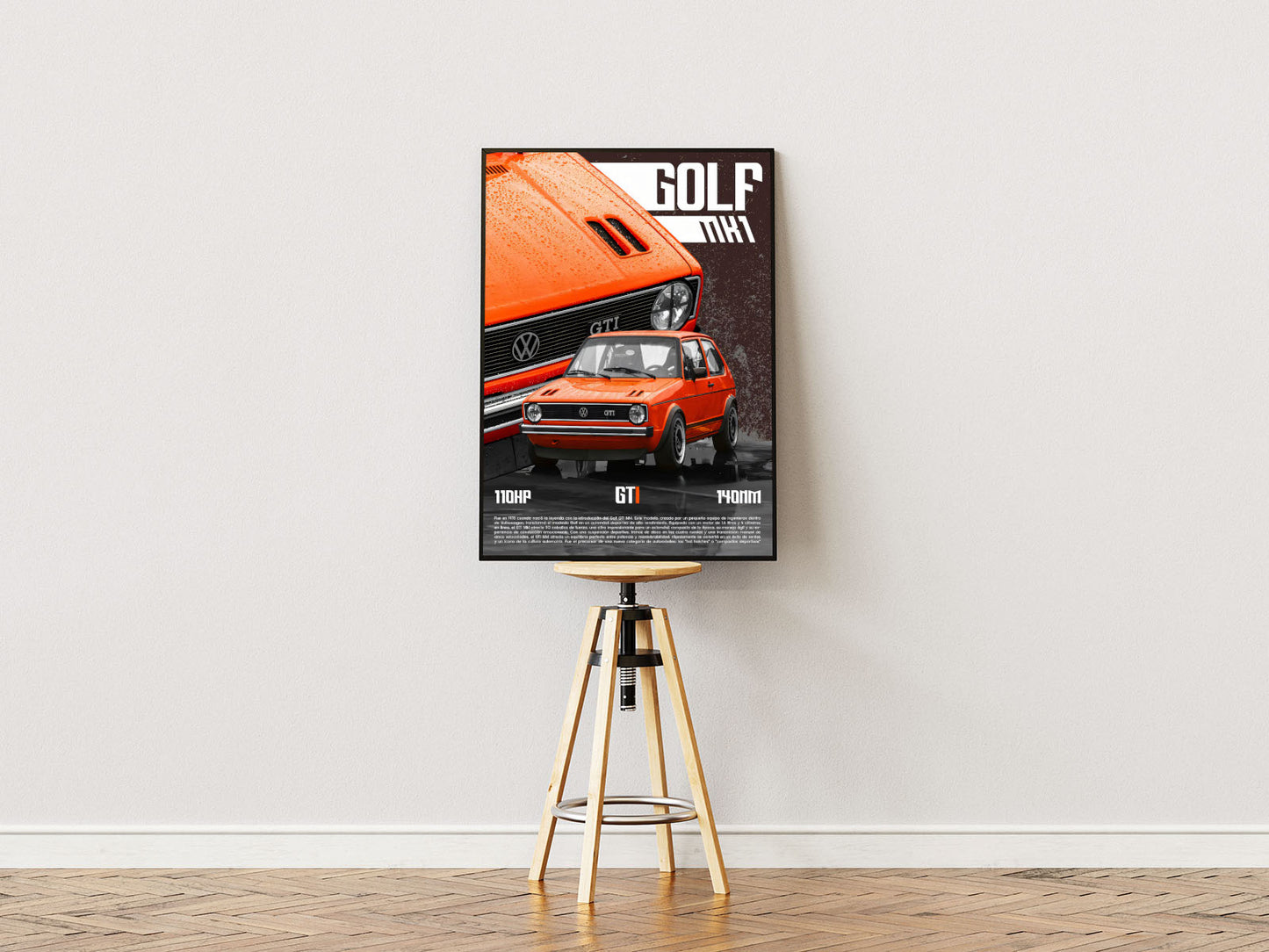 Poster ständer Poster mit Rahmen von VW Golf MK1 mit überschrift und beschreibung mit regenspritzer in orange grau weiß 