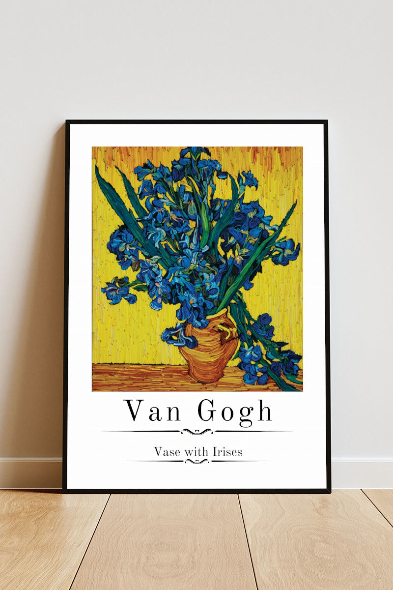 Close-up Poster mit Rahmen gezeichnetes gemaltes Gemälde von Van Gogh Vase mit blumen auf gelben hintergrund mit überschrift beschreibung und weißer umrandung in gelb blau grün weiß