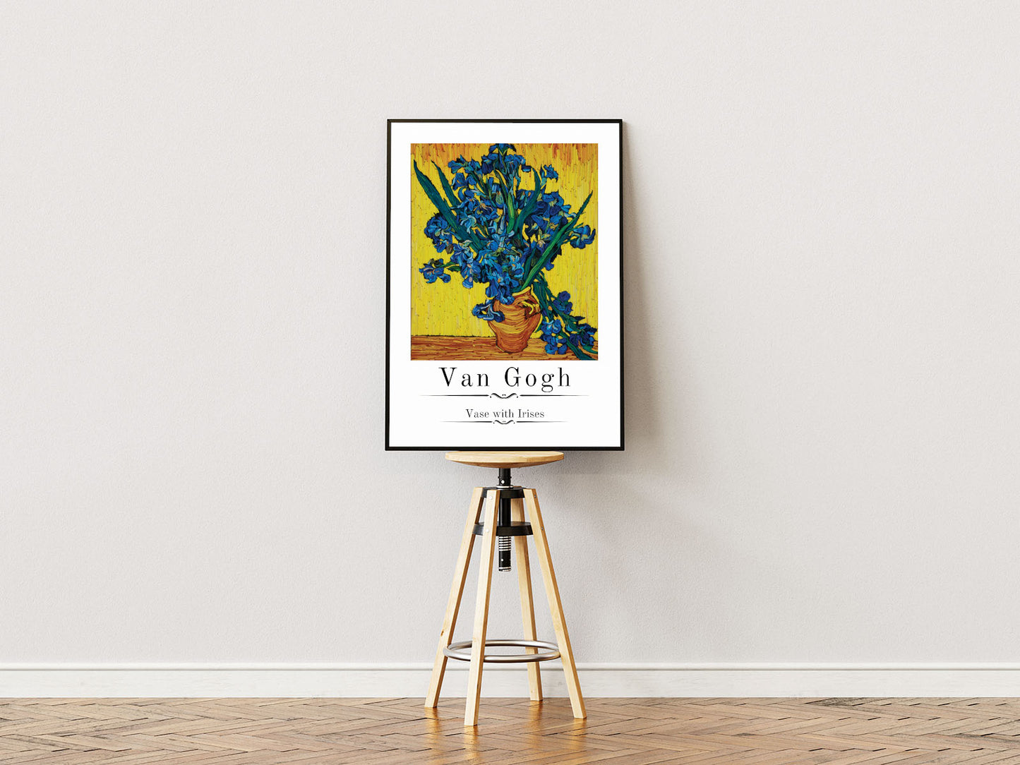 Poster Ständer Poster mit Rahmen gezeichnetes gemaltes Gemälde von Van Gogh Vase mit blumen auf gelben hintergrund mit überschrift beschreibung und weißer umrandung in gelb blau grün weiß