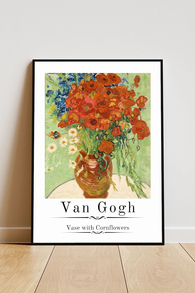 Close-up Poster mit Rahmen von einem Gemälde von Van Gogh im gezeichneten still von Vase mit Blumen und weißer umrandung mit überschrift und beschriftung weiß orange grün beige braun