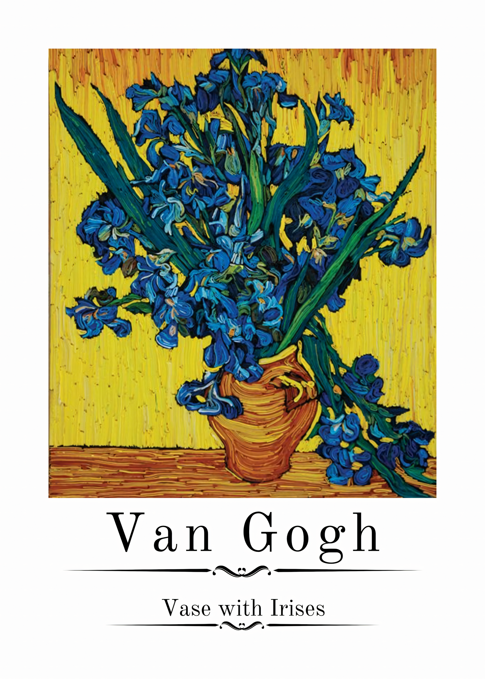 Nahaufnahme Poster mit Rahmen gezeichnetes gemaltes Gemälde von Van Gogh Vase mit blumen auf gelben hintergrund mit überschrift beschreibung und weißer umrandung in gelb blau grün weiß