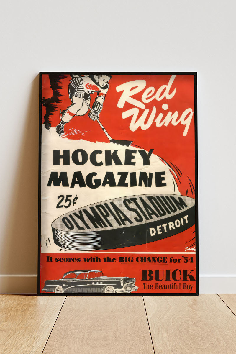 Close-up Poster mit Rahmen Vintage Hockey Zeitungsartikel mit Hockey Scheiben von Team Red Wings mit altem Auto und einiger Schrift und einem Hockeyspieler im gezeichneten Stil in Rot weiß grau schwarz