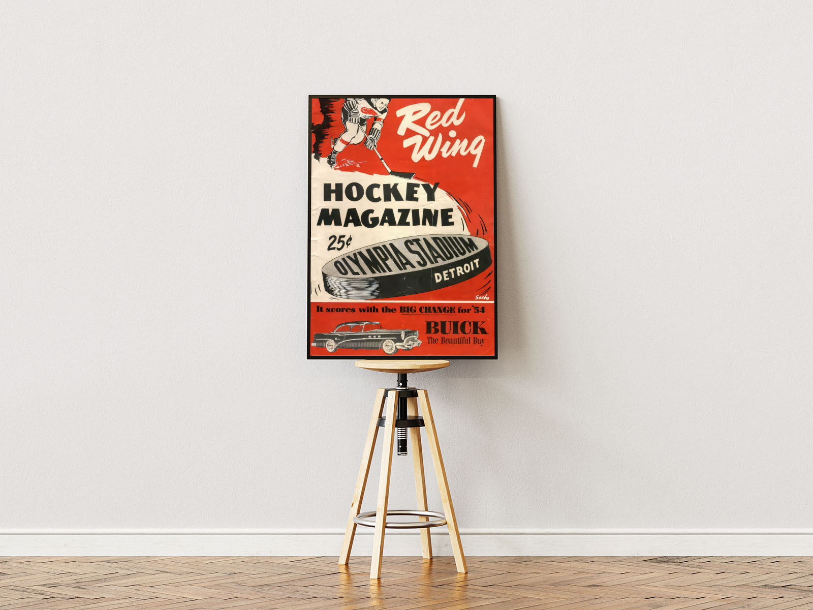 Poster ständer  Poster mit Rahmen Vintage Hockey Zeitungsartikel mit Hockey Scheiben von Team Red Wings mit altem Auto und einiger Schrift und einem Hockeyspieler im gezeichneten Stil in Rot weiß grau schwarz