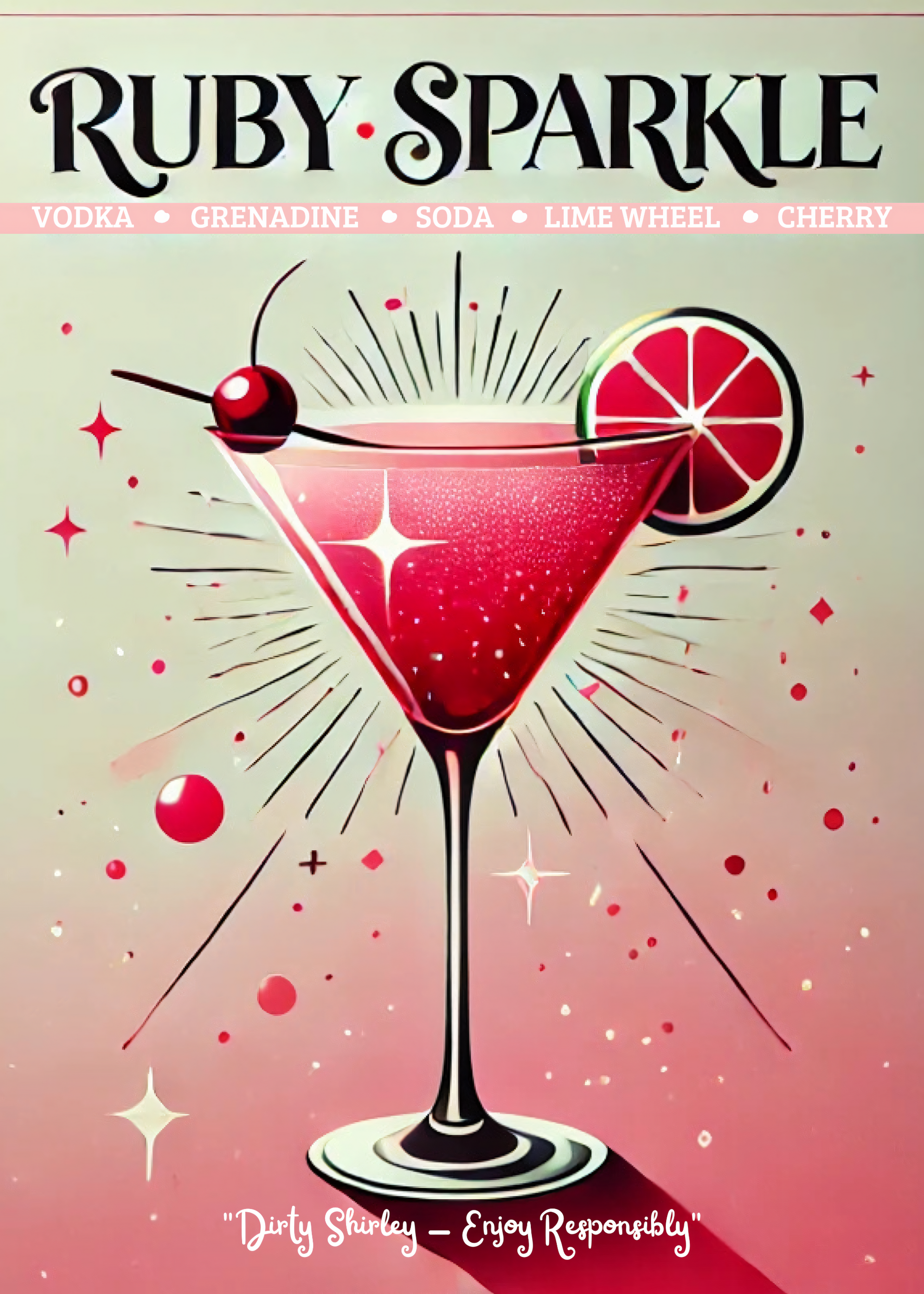 Nahaufnahme Poster mit Rahmen Dirty Shirley Cocktailglas mit überschrift und beschriftung und effekten rosa pink schwarz beige