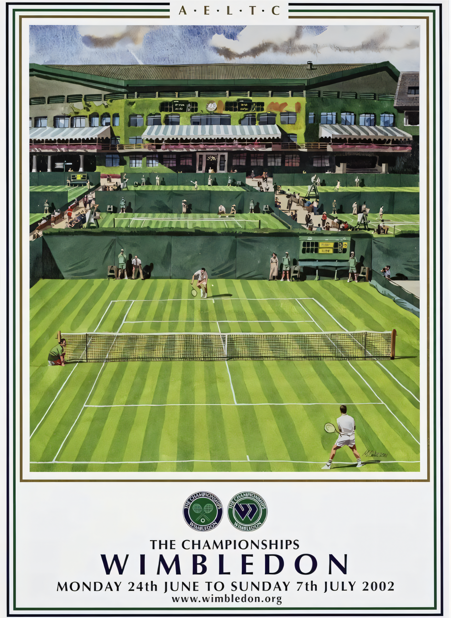 Nahaufnahme  Poster mit Rahmen Tennis Stadium Wimbledon Stadium im Vintage Stil in Grün weiß mit Rahmen