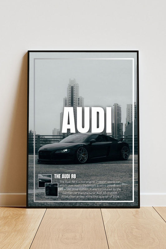 Close-up Poster mit Rahmen Audi R8 mit Stadt in der Hintergrund mit überschrift und Beschriftung in grau und schwarz weiß