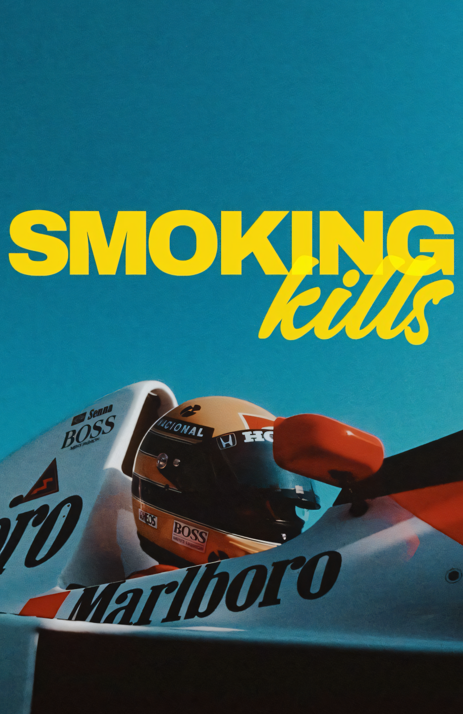 Nahaufnahme Poster mit Rahmen Vintage Formel 1 Auto mit Senna und blauen Himmel und spruch smoking kills in gelb blau rot weiß schwarz