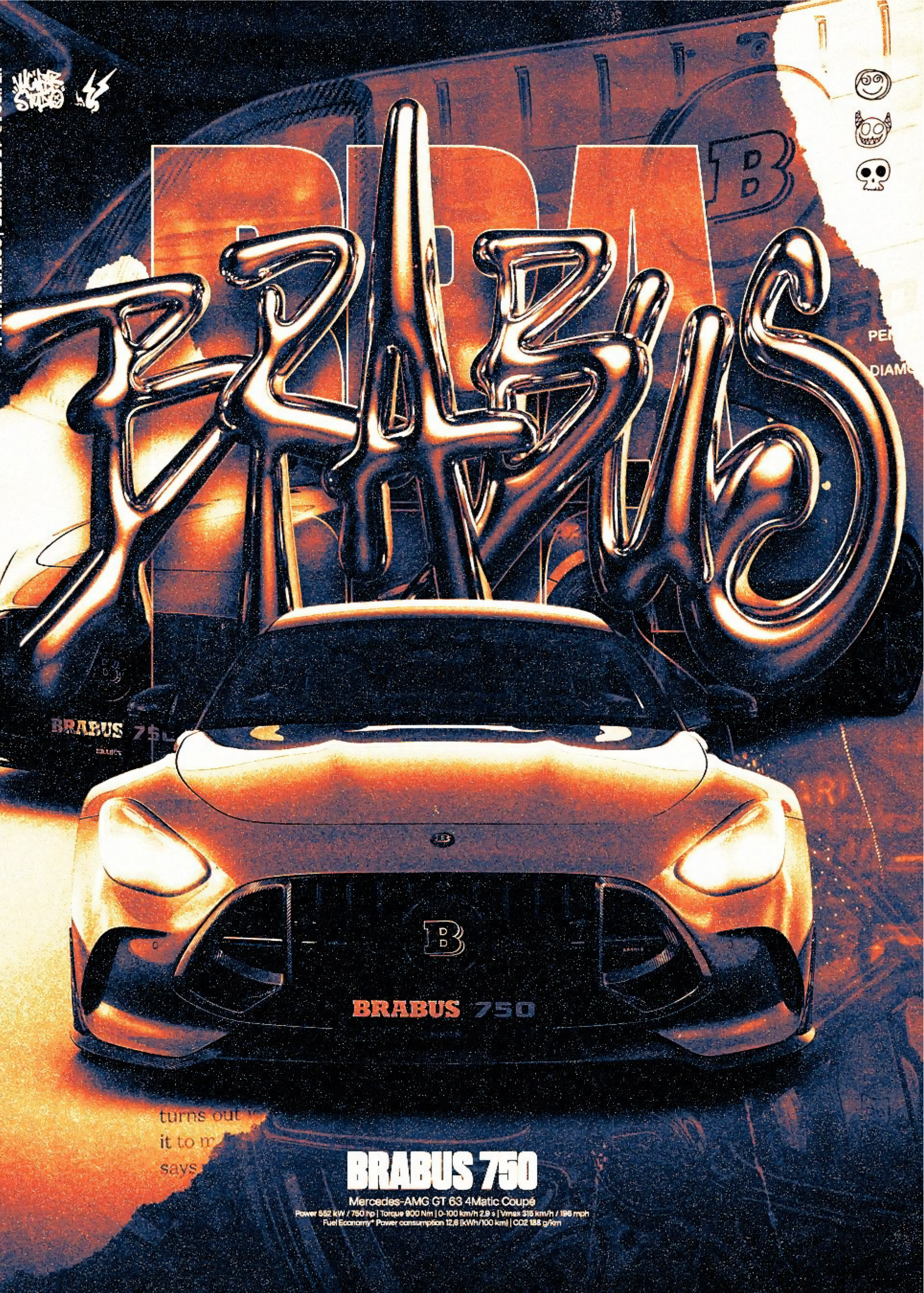 Nahaufnahme Poster mit Rahmen von Brabus im gezeichneten Grafiti still in Bronze mit Beschriftung und Überschrift grau schwarz bronze 