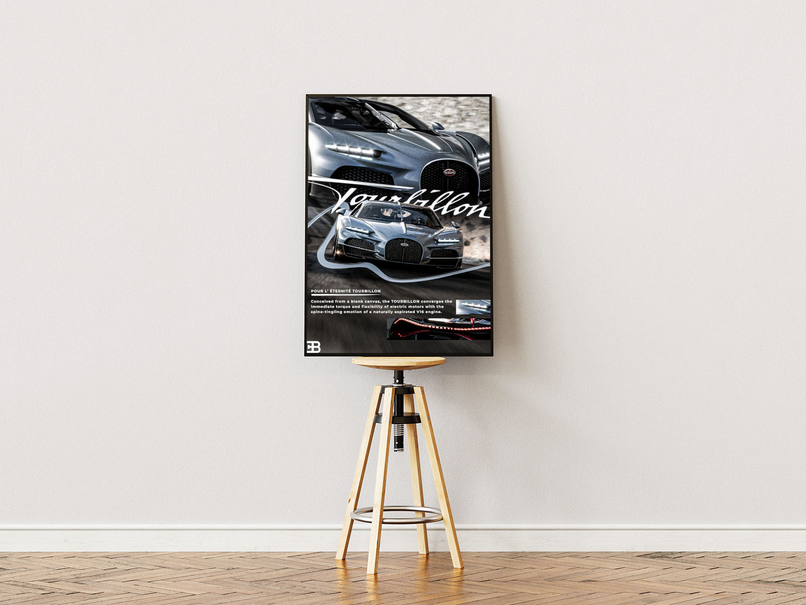 Poster ständer Poster mit Rahmen von Bugatti mit überschrift und beschreibung in blau schwarz mit rauch in weiß