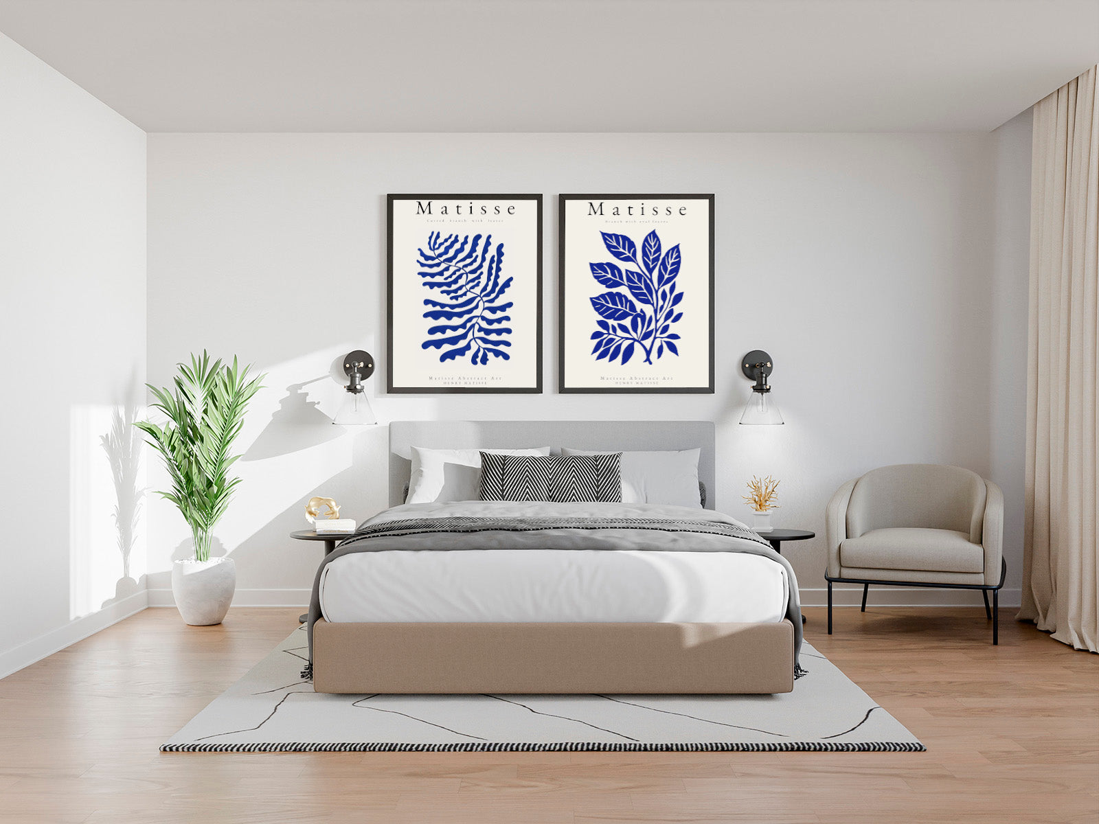 Schlafzimmer 2 Poster mit Rahmen mit überschrift und beschriftung 2 verschiedenen Kunst Designs von Blättern in blau schwarz beige