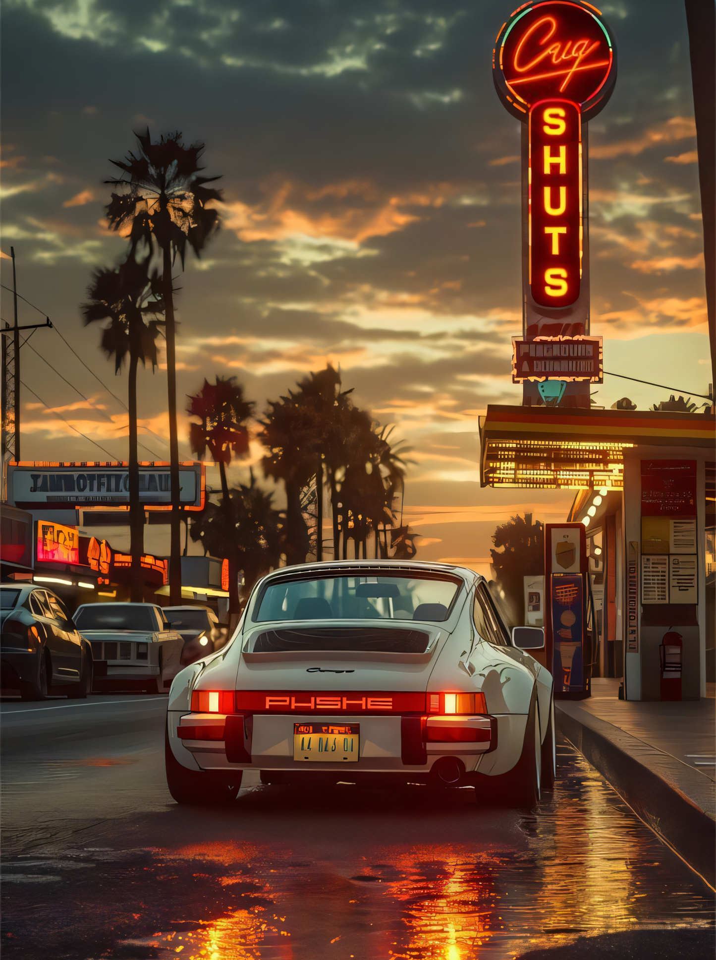 Nahaufnahme Poster mit Rahmen im Vintage Stil ein Porsche 911 an einer Tankstelle mit Sonnenuntergang und Palmen in rot weiß grau orange 