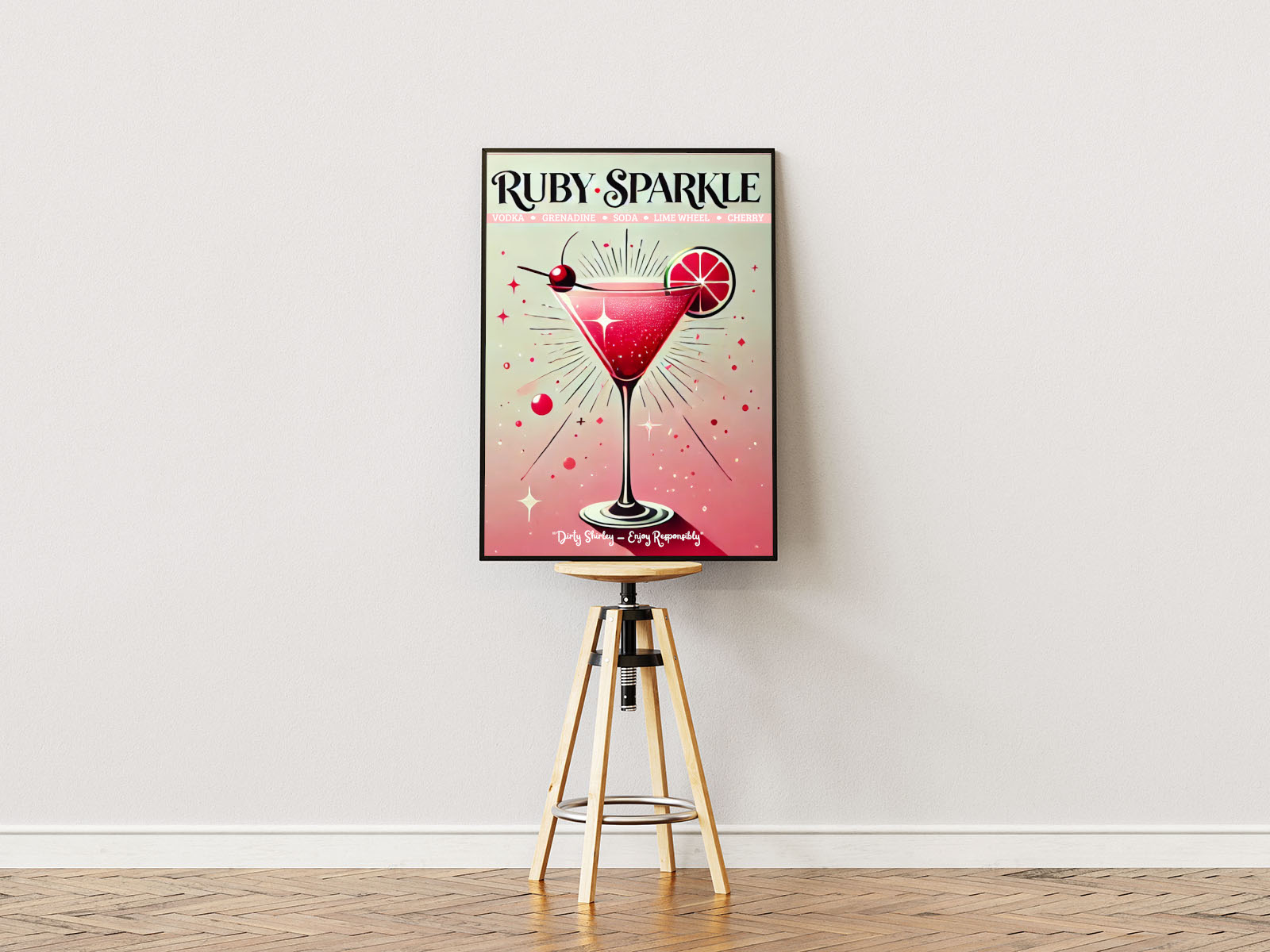 Poster Ständer Poster mit Rahmen Dirty Shirley Cocktailglas mit überschrift und beschriftung und effekten rosa pink schwarz beige