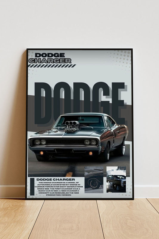 Close-up Poster mit Rahmen Dodge charger mit überschrift und beschreibung auf grauen und weißen hintergrund grau weiß silber