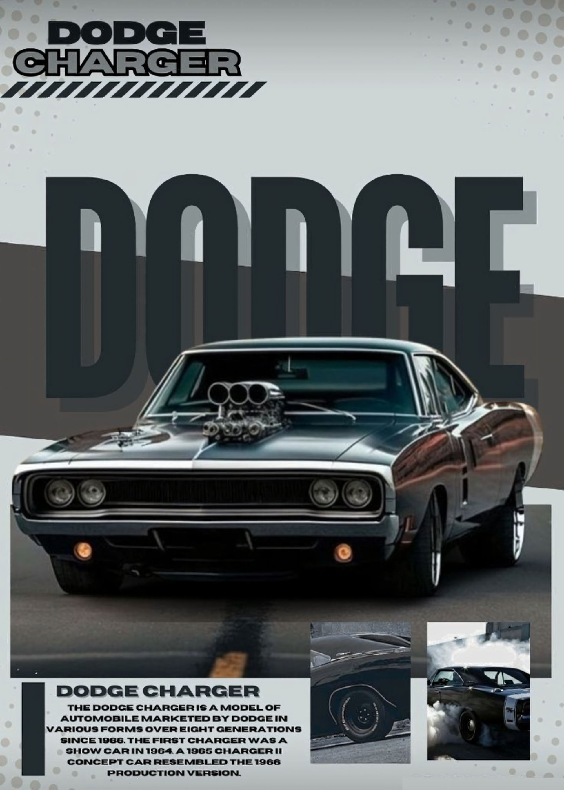 Nahaufnahme Poster mit Rahmen Dodge charger mit überschrift und beschreibung auf grauen und weißen hintergrund grau weiß silber