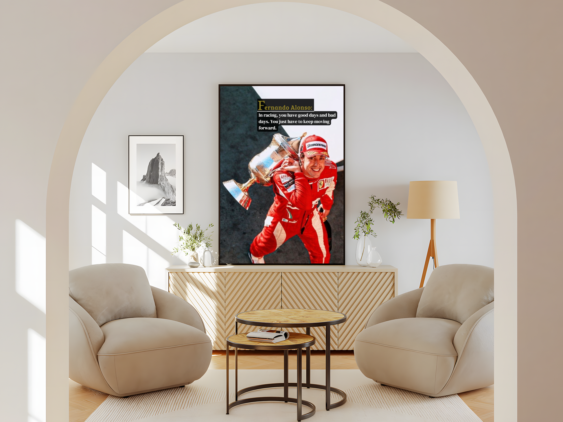 Wohnzimmer Poster mit Rahmen Rennfahrer Formel 1 Fernando Alonso mit Pokal und motivationszitat und überschrift in rot und grau und weiß