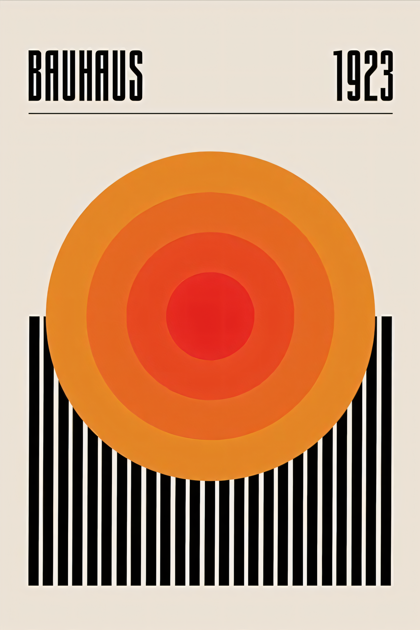 Nahaufnahme Poster mit Rahmen Bauhaus Ausstellung 1923 Geometrisches Design kreise in verschiedenen Orange Gelb tönen ineinander mit schwarzen Balken und Beigen hintergrund