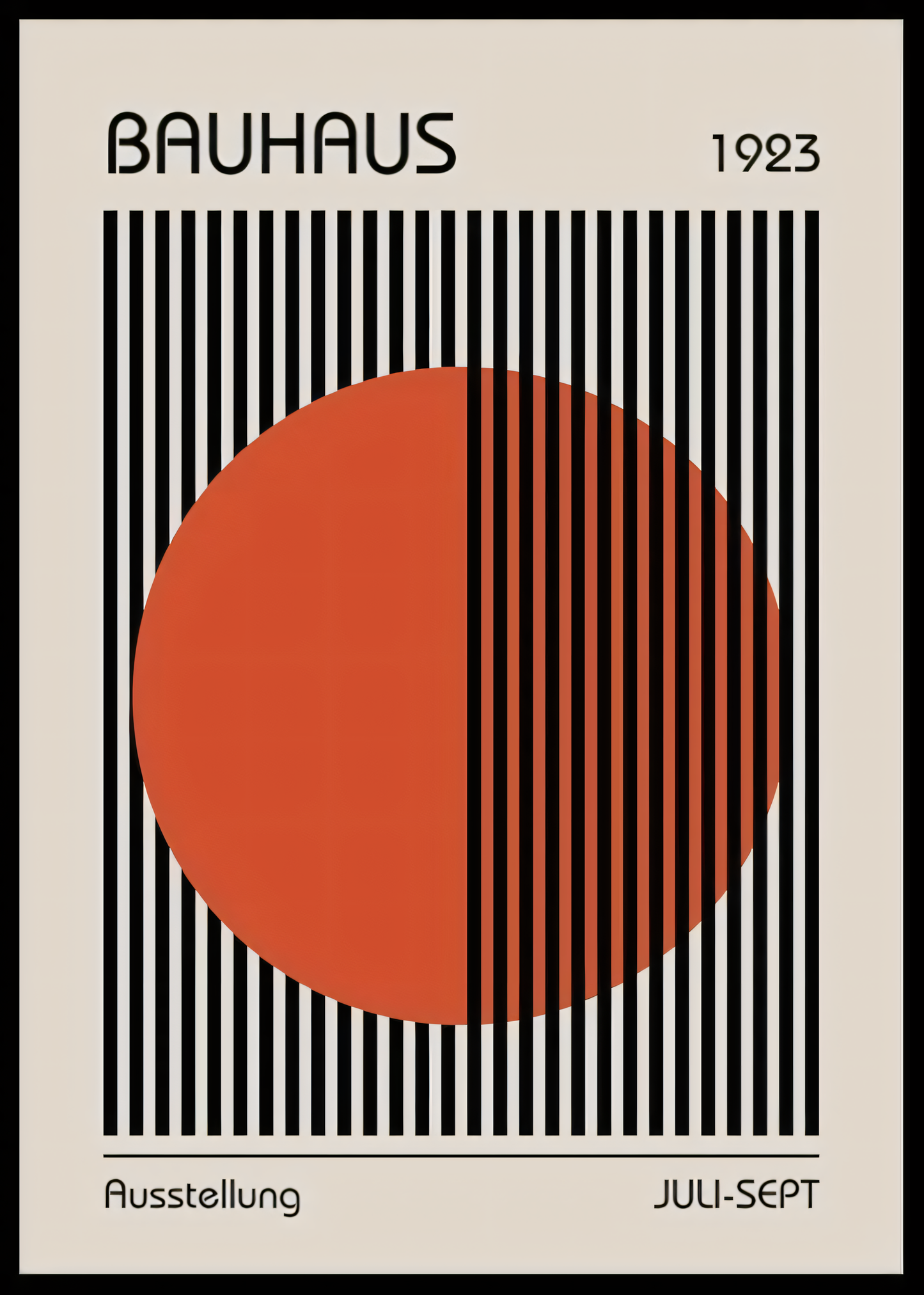 Nahaufnahme  Poster mit Rahmen von Bauhaus Ausstellung Design 1923 mt rotem Kreis und schwarzen Balken und Beigen hintergrund