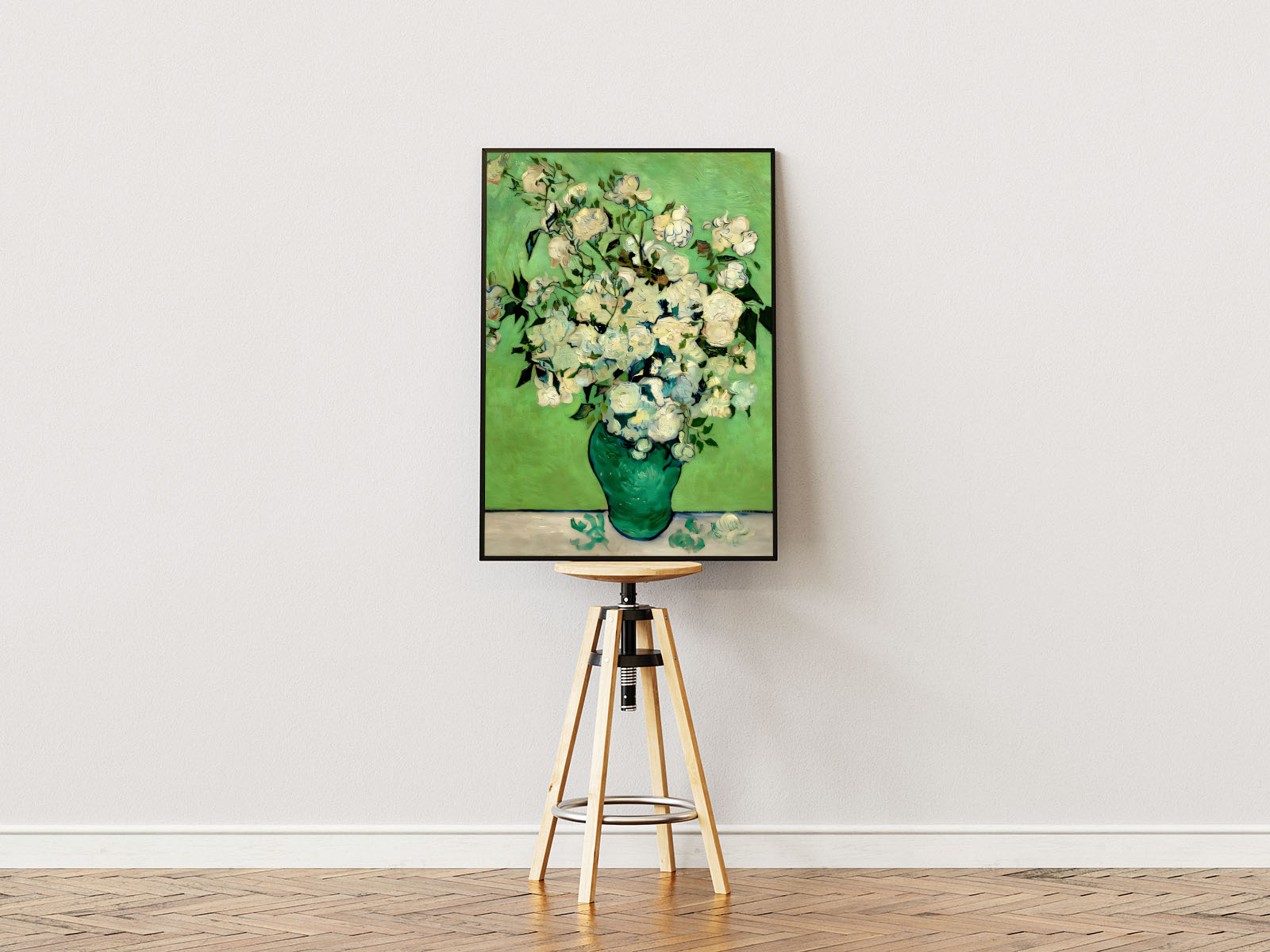 Poster Ständer Poster mit Rahmen Gemälde einer Vase mit Blumen auf Boden und grüner Wand weiß beige grün 