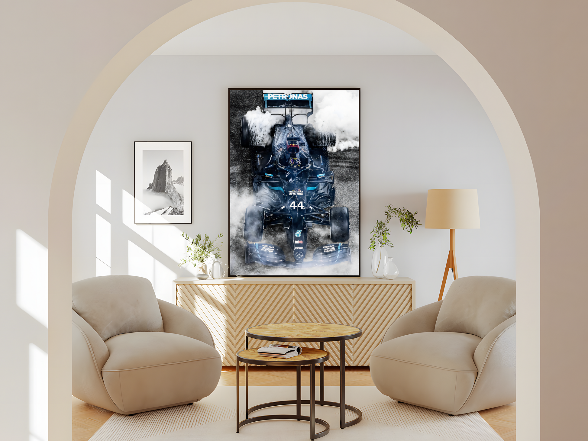 Wohnzimmer Poster mit Rahmen von Formel 1 Auto mit Rauch und schwarzem Formel 1 Auto von oben Foto in grau blau silber weiß schwarz