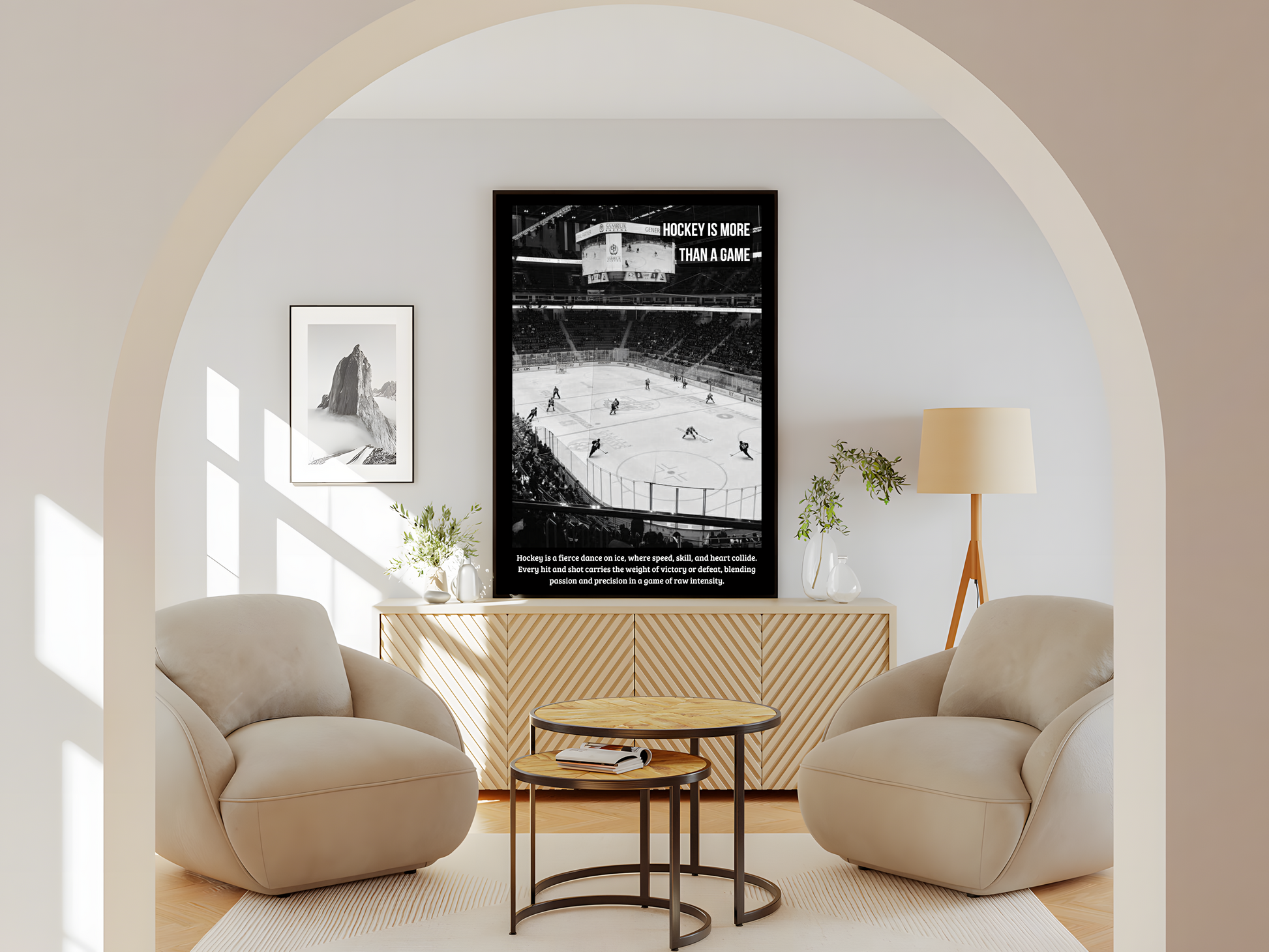 Wohnzimmer  Poster mit Rahmen von oben Foto Eishockeystadium Eishockeyplatz mit Eishockeymatch und publikm mit Hockey motivationszitat und beschriftung in schwarz weiß grau