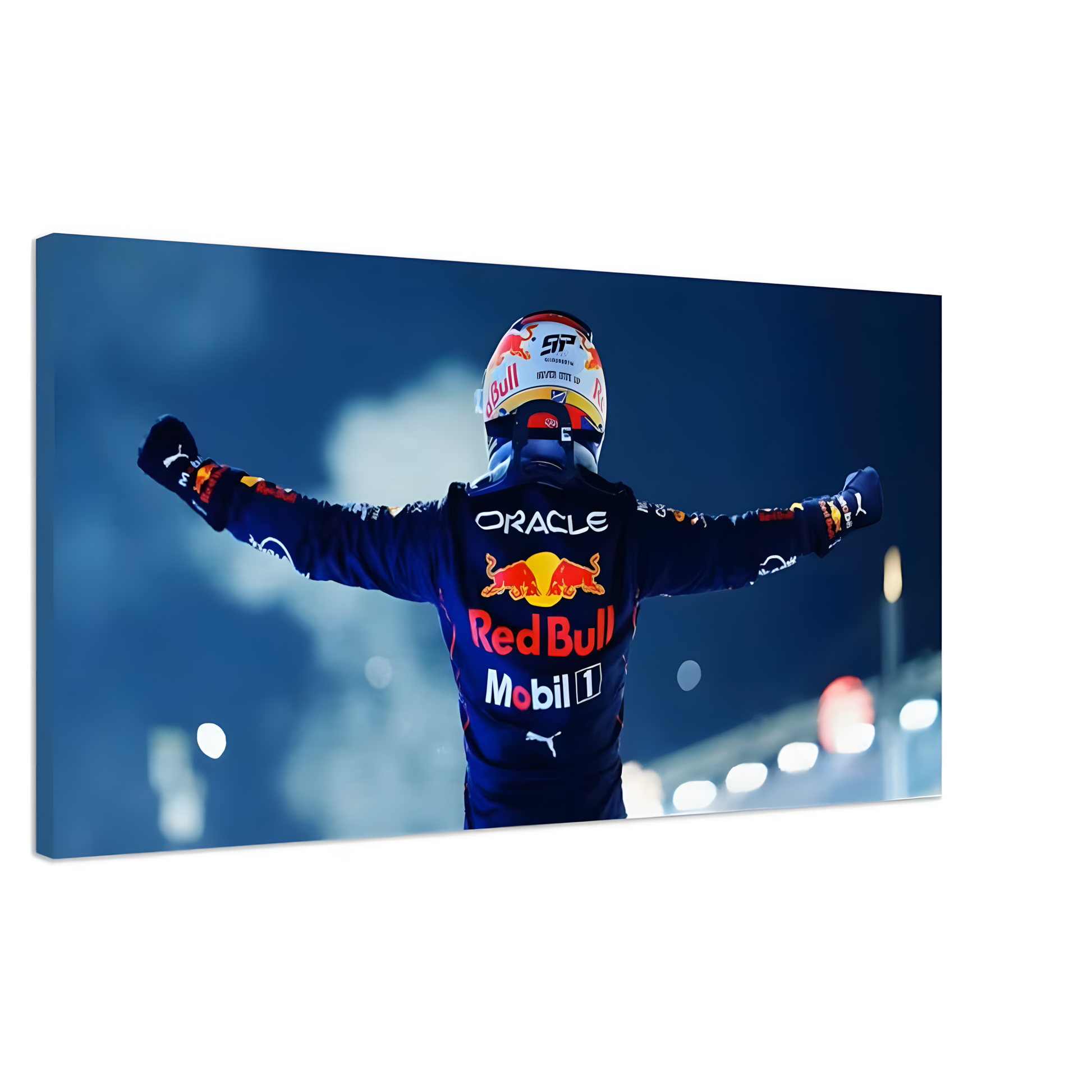 schräge ansicht Leinwand von Max Verstappen Formel 1 Rennfahrer ansicht von hinten beim Jubeln mit blauen Himmel hintergrund Blau weiß rot gelb weiß