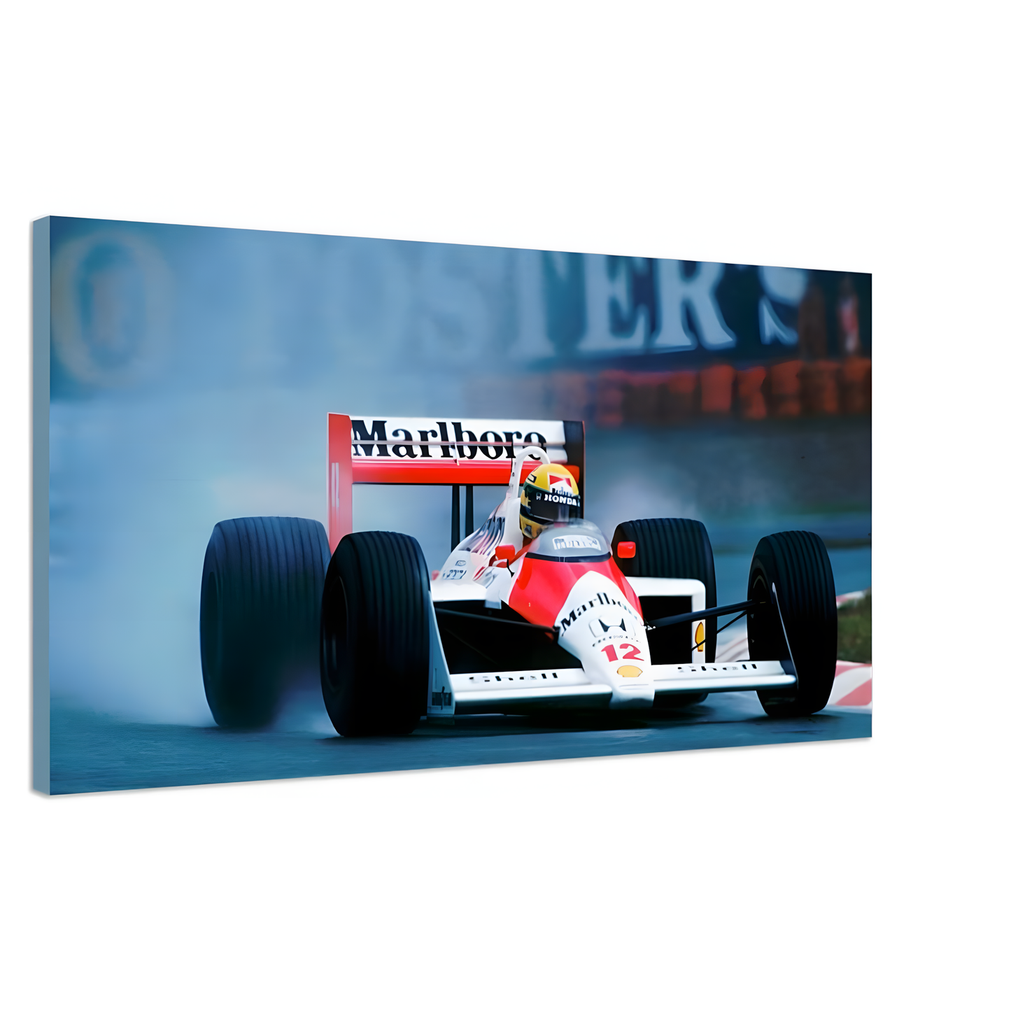 Schräge ansicht Leinwand Formel 1 Vintage Formel 1 Auto von Ayrton senna mit Regen sprizern in rot weiß schwarz blau