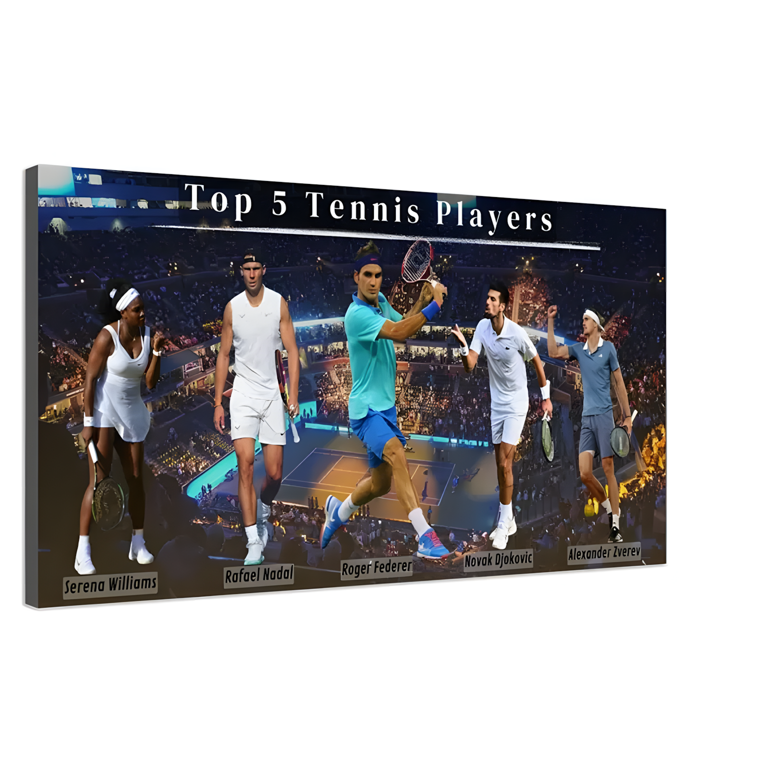 schräge Leinwand mit 5 verschiedene Tennis Spielern und im hintergrund ein Tennisstadium mit Tennisplatz in schwarz blau orange und weiß