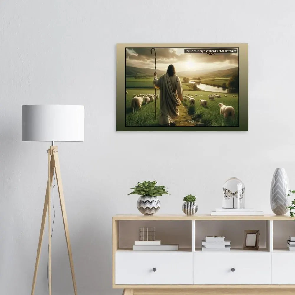 Wohnzimmer  Poster mit Rahmen von Jesus als Hirte mit grün beiger umrandung, große Schafherde mit Landschaft und Fluss und Sonne in beige grün weiß