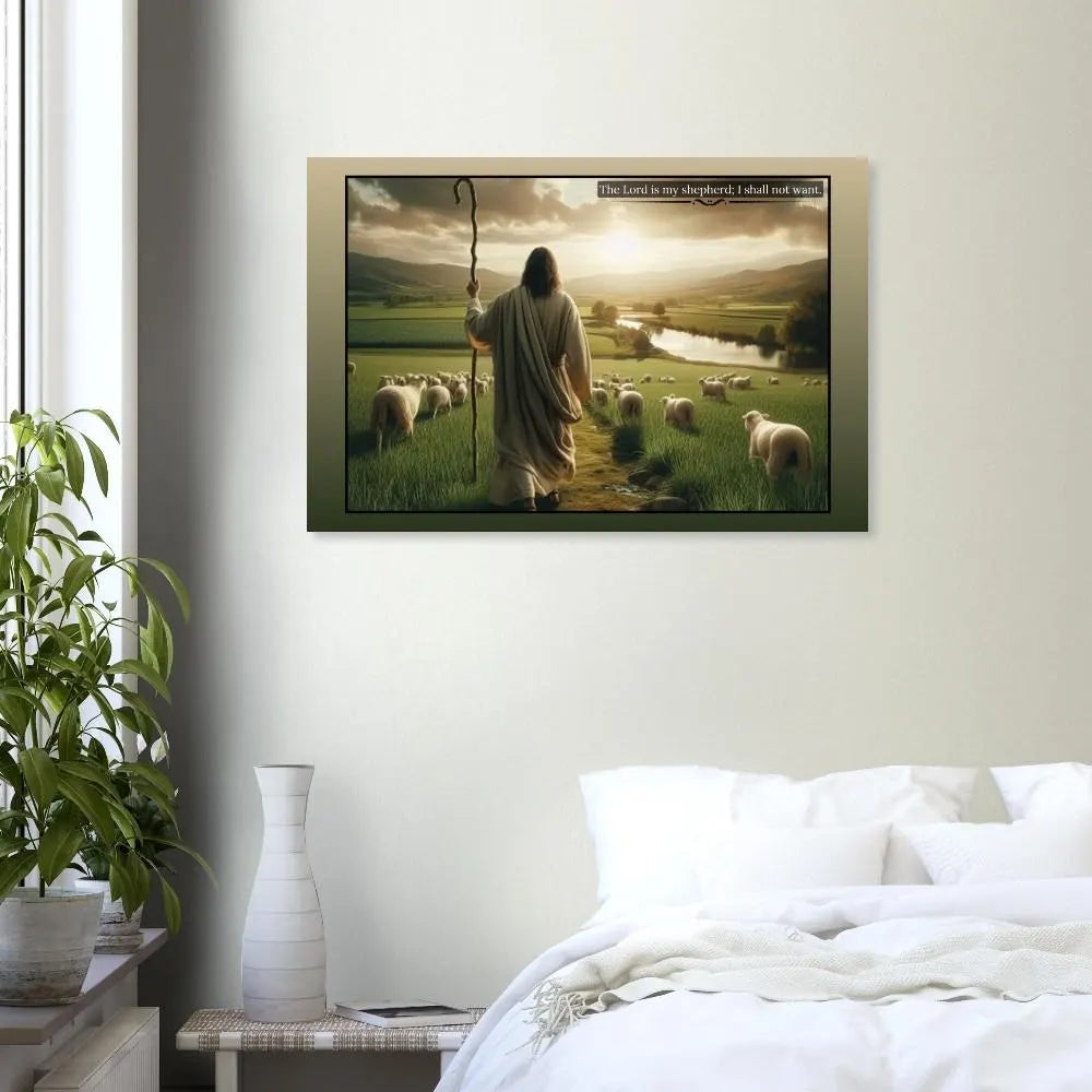 Schlafzimmer  Poster mit Rahmen von Jesus als Hirte mit grün beiger umrandung, große Schafherde mit Landschaft und Fluss und Sonne in beige grün weiß