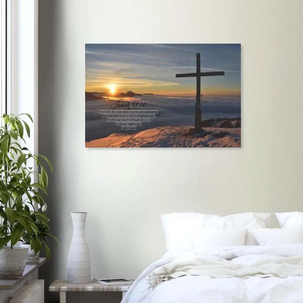 Wohnzimmer Poster mit Rahmen von Bibelzitat und Bibelspruch mit Landschaft und Bergen und Sonnenuntergang und Religiöses Kreuz in blau schwarz weiß orange