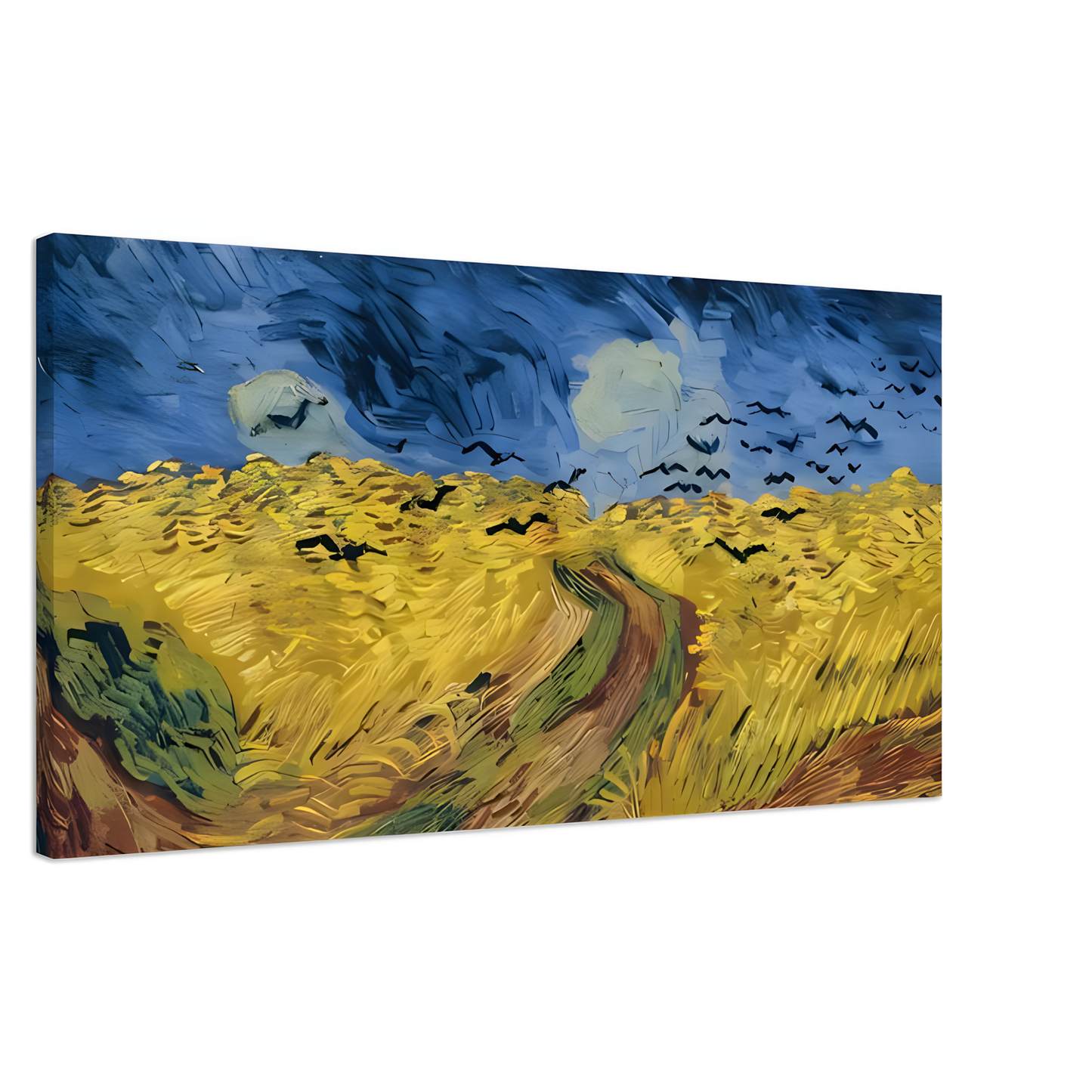 schräge ansicht  Leinwand gezeichnetes gemaltes Gemälde von Van Gogh mit raben über felder in blau gelb beige schwarz