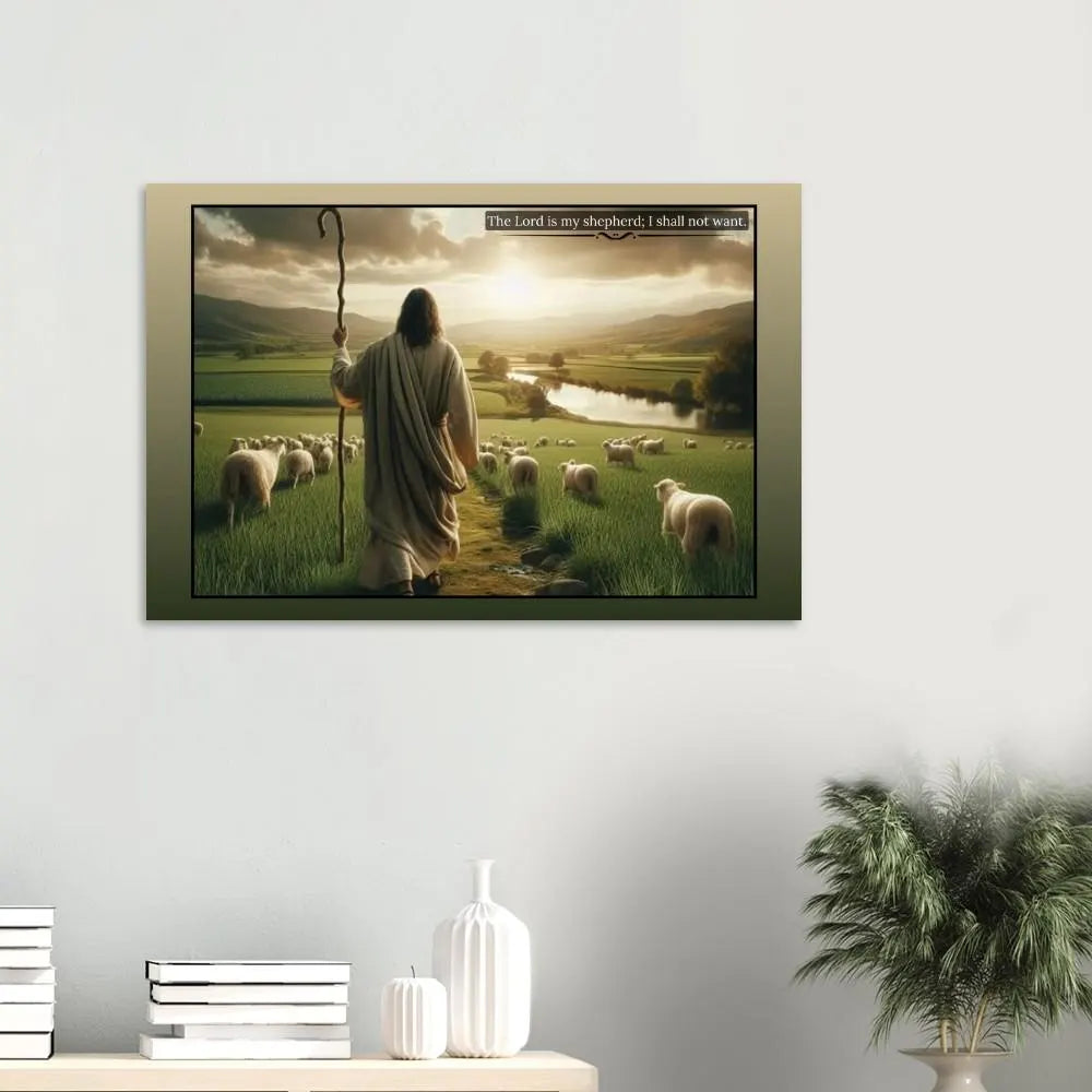 Wanposter  Poster mit Rahmen von Jesus als Hirte mit grün beiger umrandung, große Schafherde mit Landschaft und Fluss und Sonne in beige grün weiß