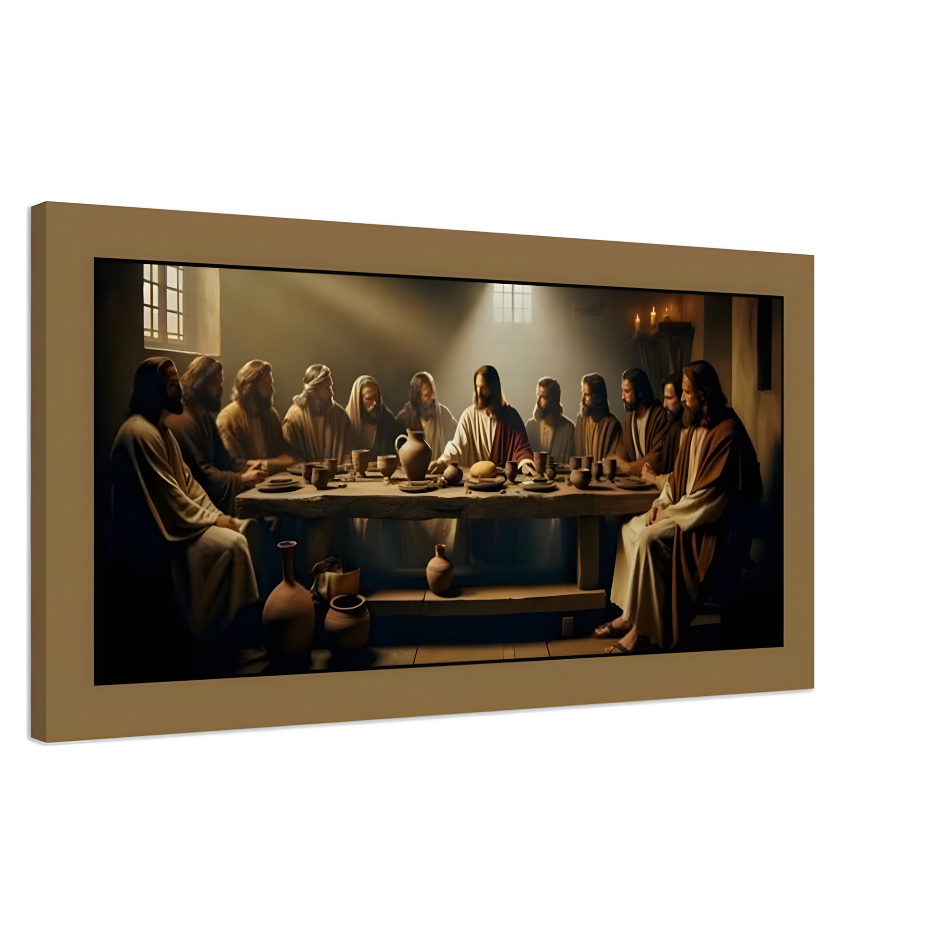 Schräge ansicht Leinwand vom Religiosen letzten Abendmahl von Jesus und seinen Jüngern beim Essen an einem großen Tisch in beige braun schwarz