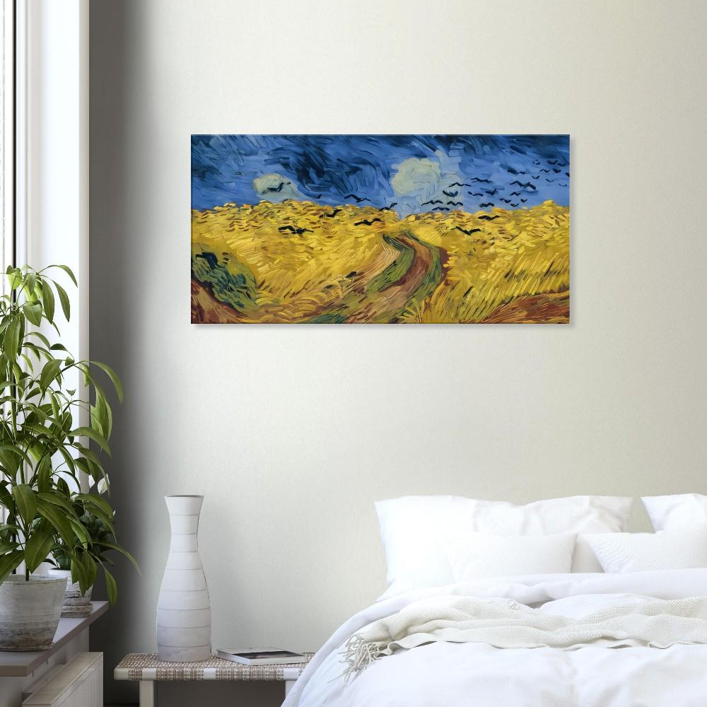 schlafzimmer  Leinwand gezeichnetes gemaltes Gemälde von Van Gogh mit raben über felder in blau gelb beige schwarz