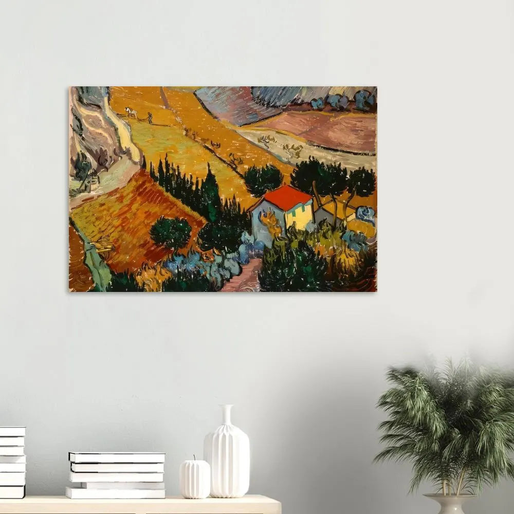 Wandbild Poster mit Rahmen gezeichnetes gemaltes Gemälde von landschaft mit Haus und feldern und bäumen grün rot orange gelb beige