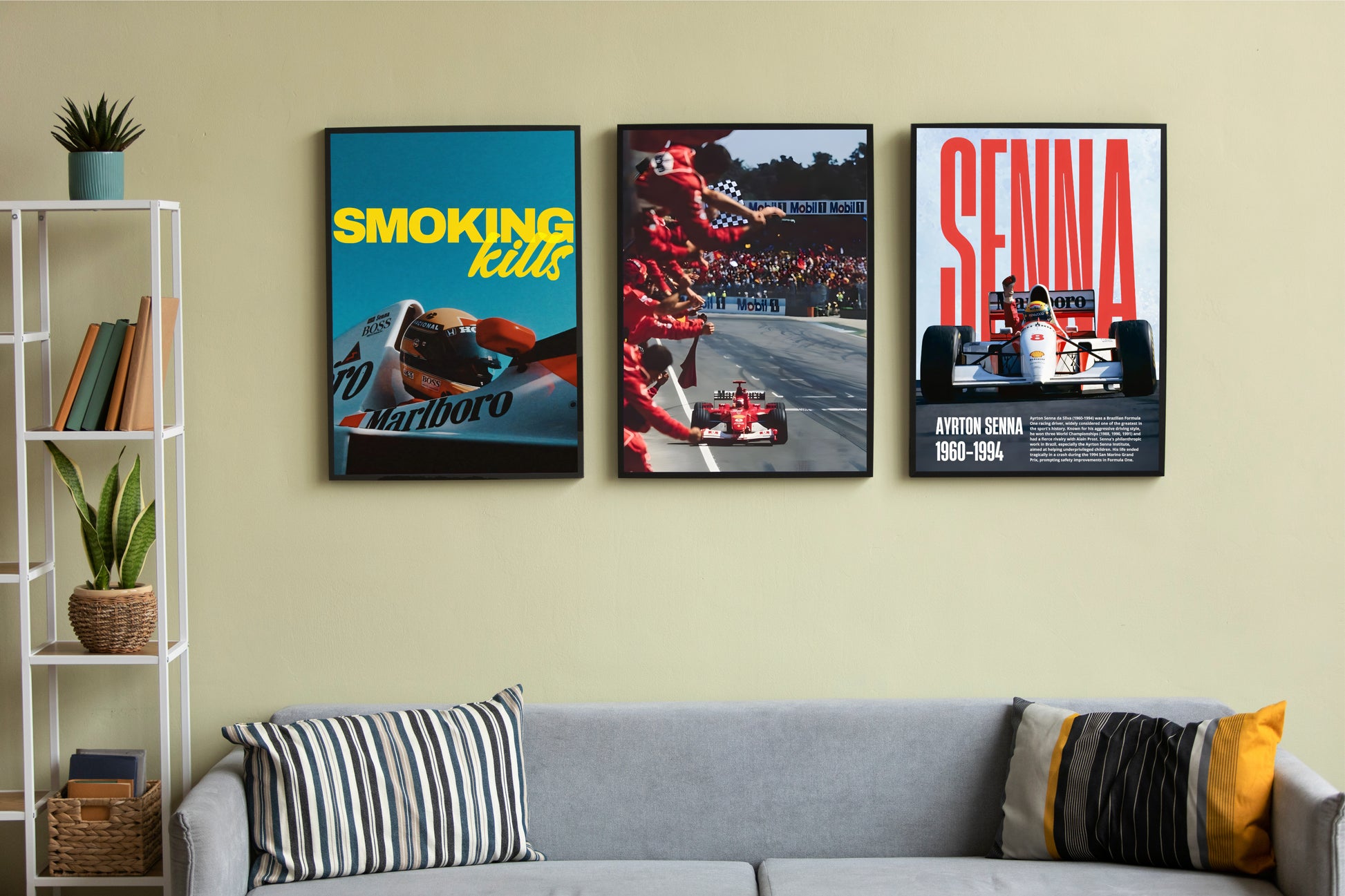 Wohnzimmer Close-up Poster mit Rahmen 3er Formel 1 Poster Bundle Set eines von Schumacher im Ferrari fährt übers Ziel, eines Vintage Senna mit Beschreibung und überschrift und ein Smoking kills F1 Poster