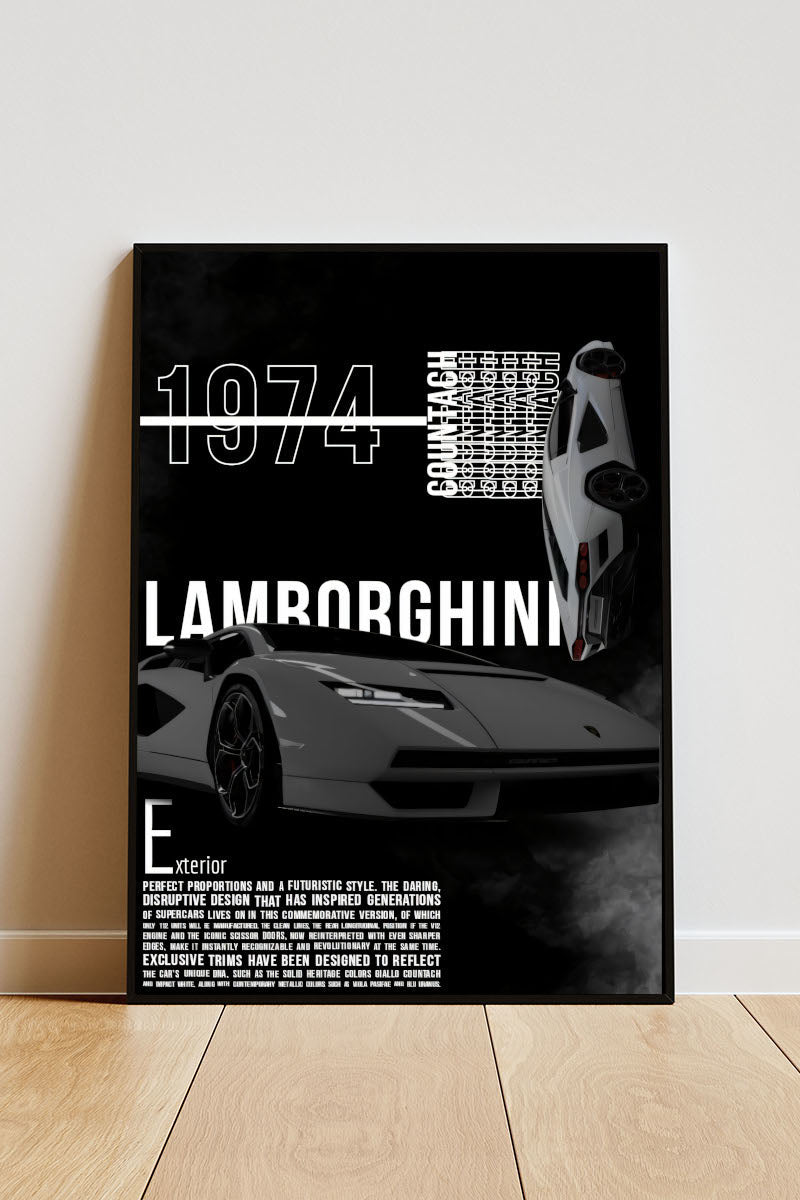 Close-up Poster mit Rahmen von Lamborghini aus dem Jahr 1974 mit beschreibung und überschrift auf schwarzem hintergrund weiß grau