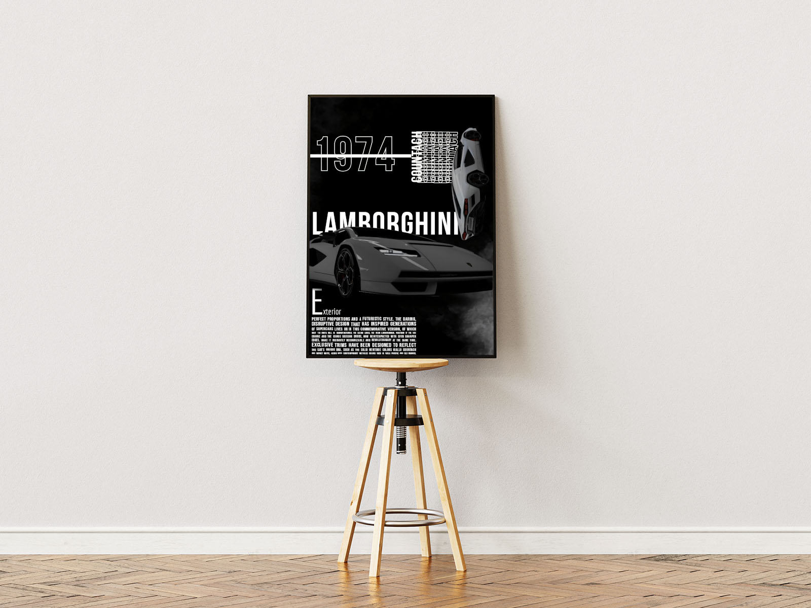 Poster Ständer Poster mit Rahmen von Lamborghini aus dem Jahr 1974 mit beschreibung und überschrift auf schwarzem hintergrund weiß grau