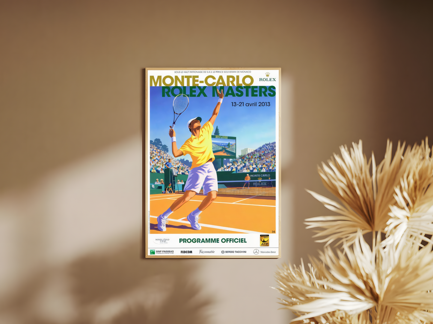 Holzrahmen Poster mit Rahmen vintage monte Carlo Turnier tennis platz mit tennis spieler blau gelb weiß