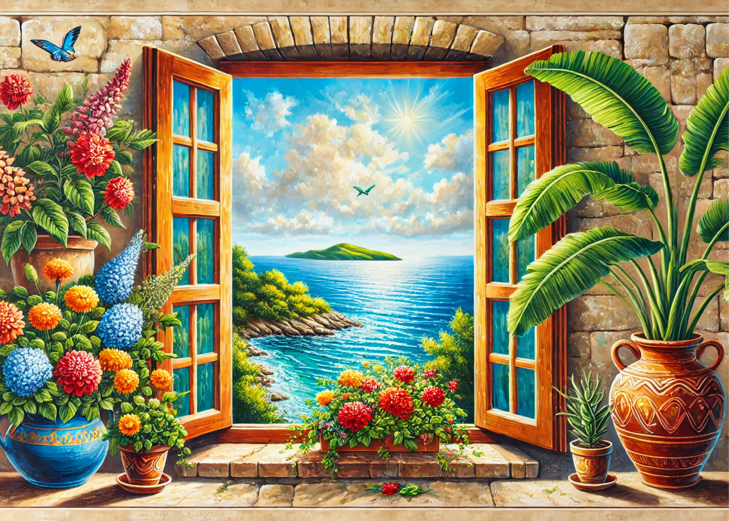 nahaufnahme Poster mit Rahmen gezeichnetes Gemälde von Fenster mit Blumen und Pflanzen und Ausblich aufs meer und Insel in der Ferne blau grün rosa beige rot