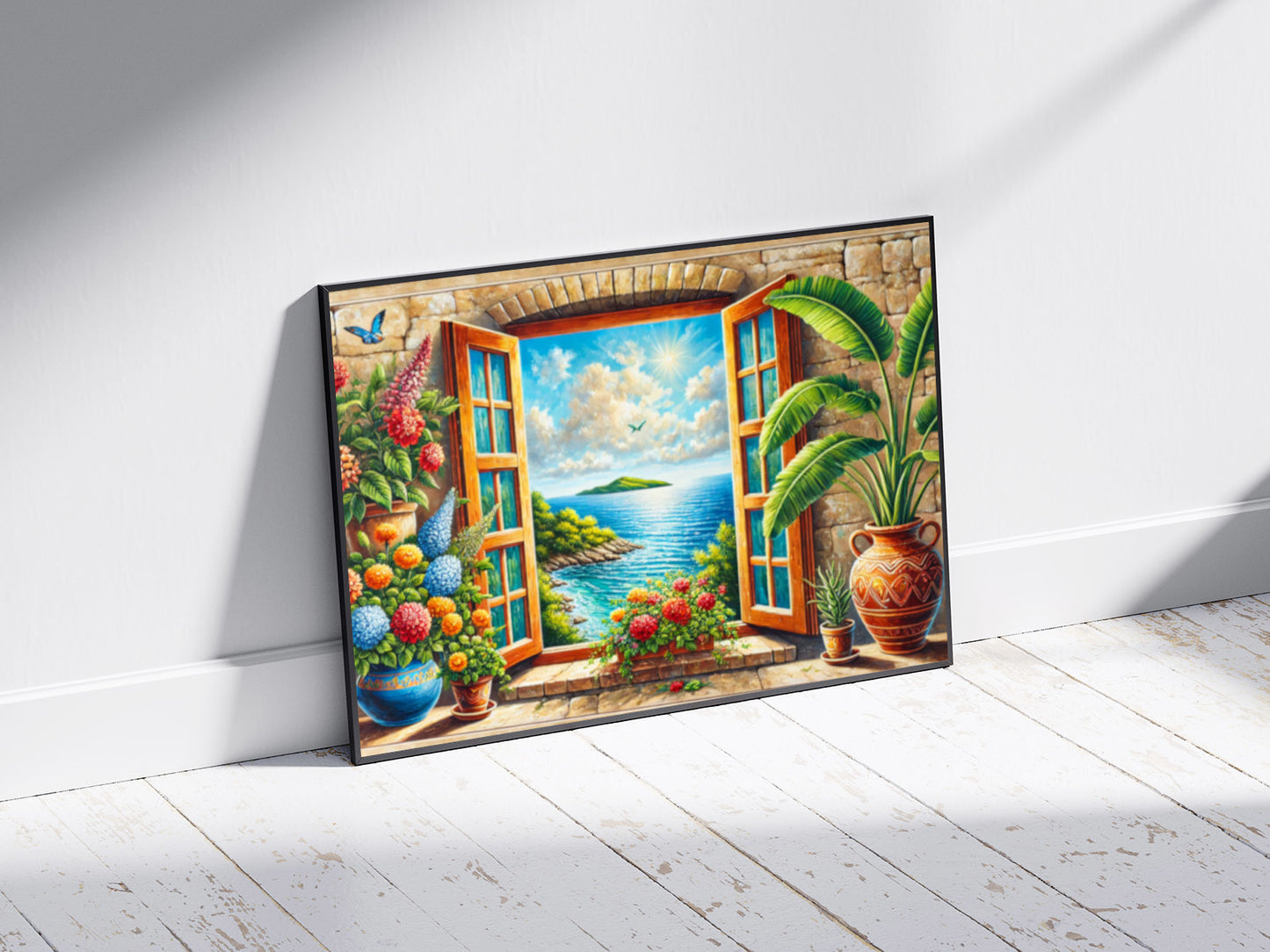 Schräge ansicht Poster mit Rahmen gezeichnetes Gemälde von Fenster mit Blumen und Pflanzen und Ausblich aufs meer und Insel in der Ferne blau grün rosa beige rot